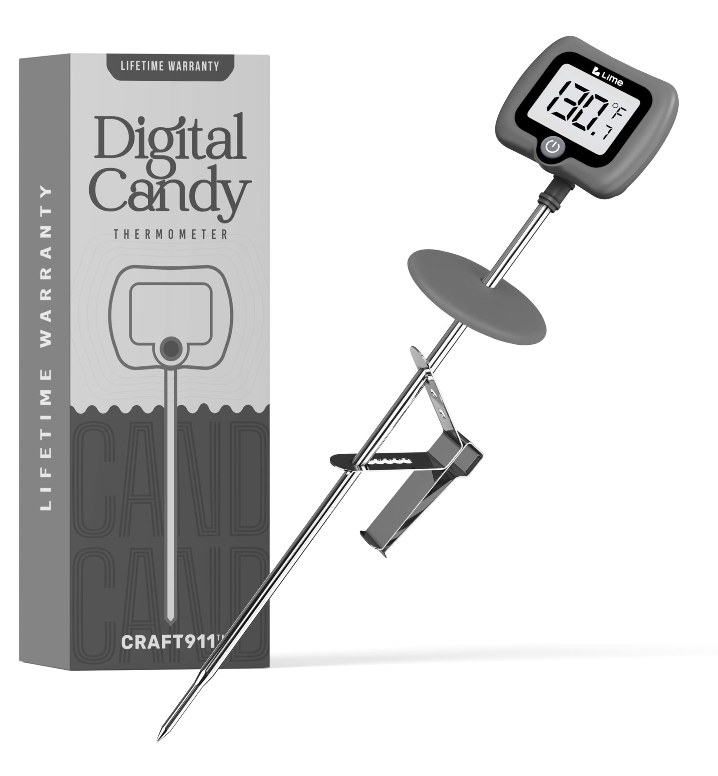 Digital Candy Thermometer with Pot Clip, 10" Long Stainless Steel Probe, Instant Read Kitchen Thermometer for Cooking, Baking, and Candy Making (Grey)