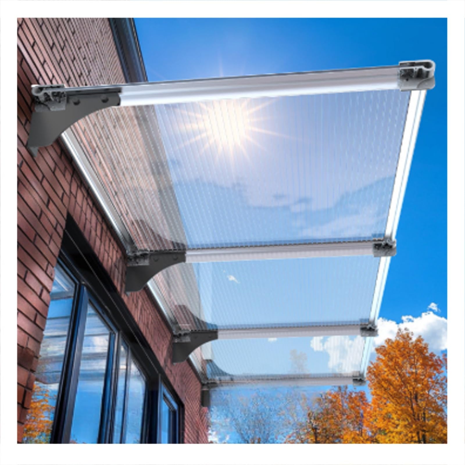Auvent de porte en polycarbonate et aluminium pour protection pluie de terrasse