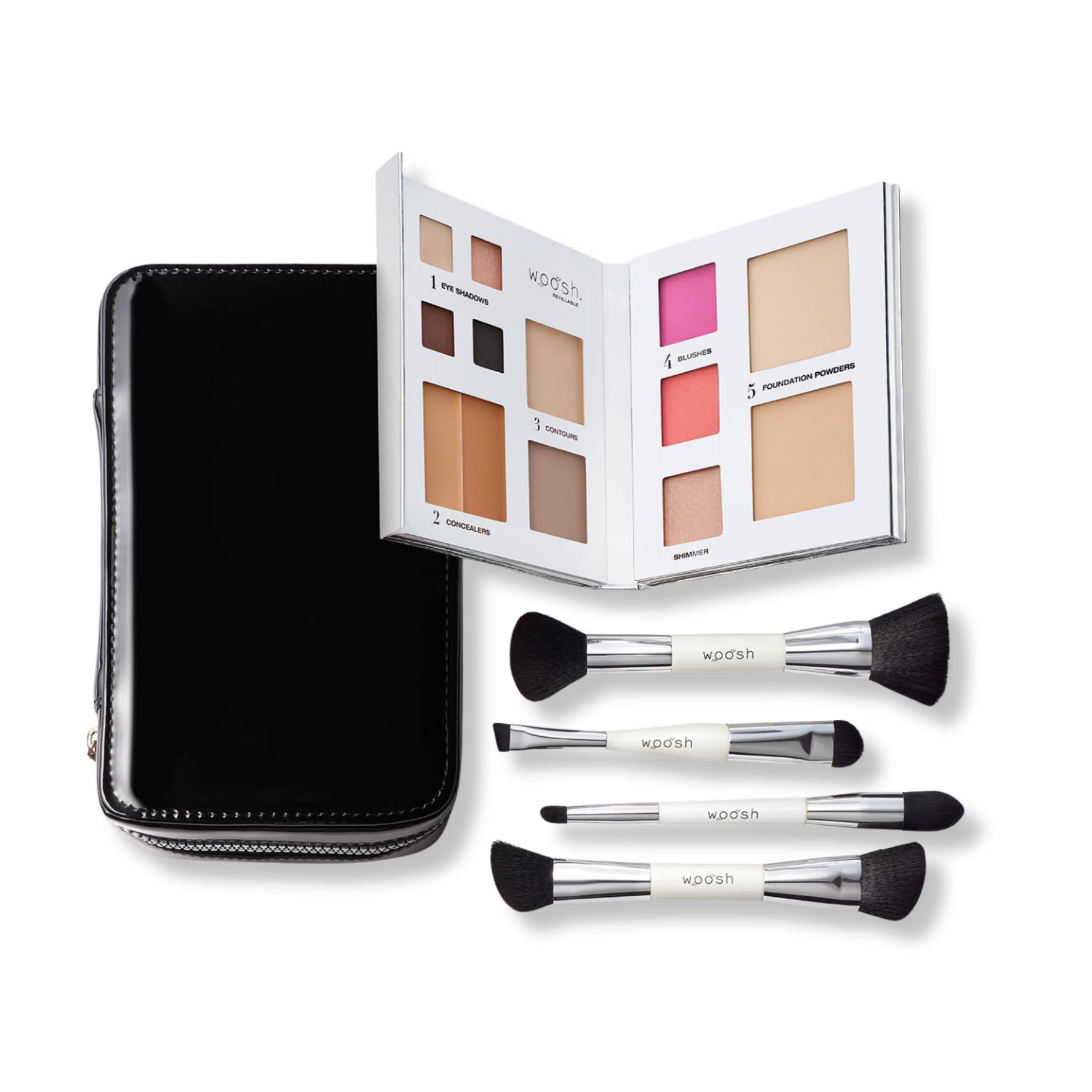 Woosh Beauty Jetsetter Bundle in 2 5 Medium Tan Fold out Face Original Essential Brush Set Travel Case