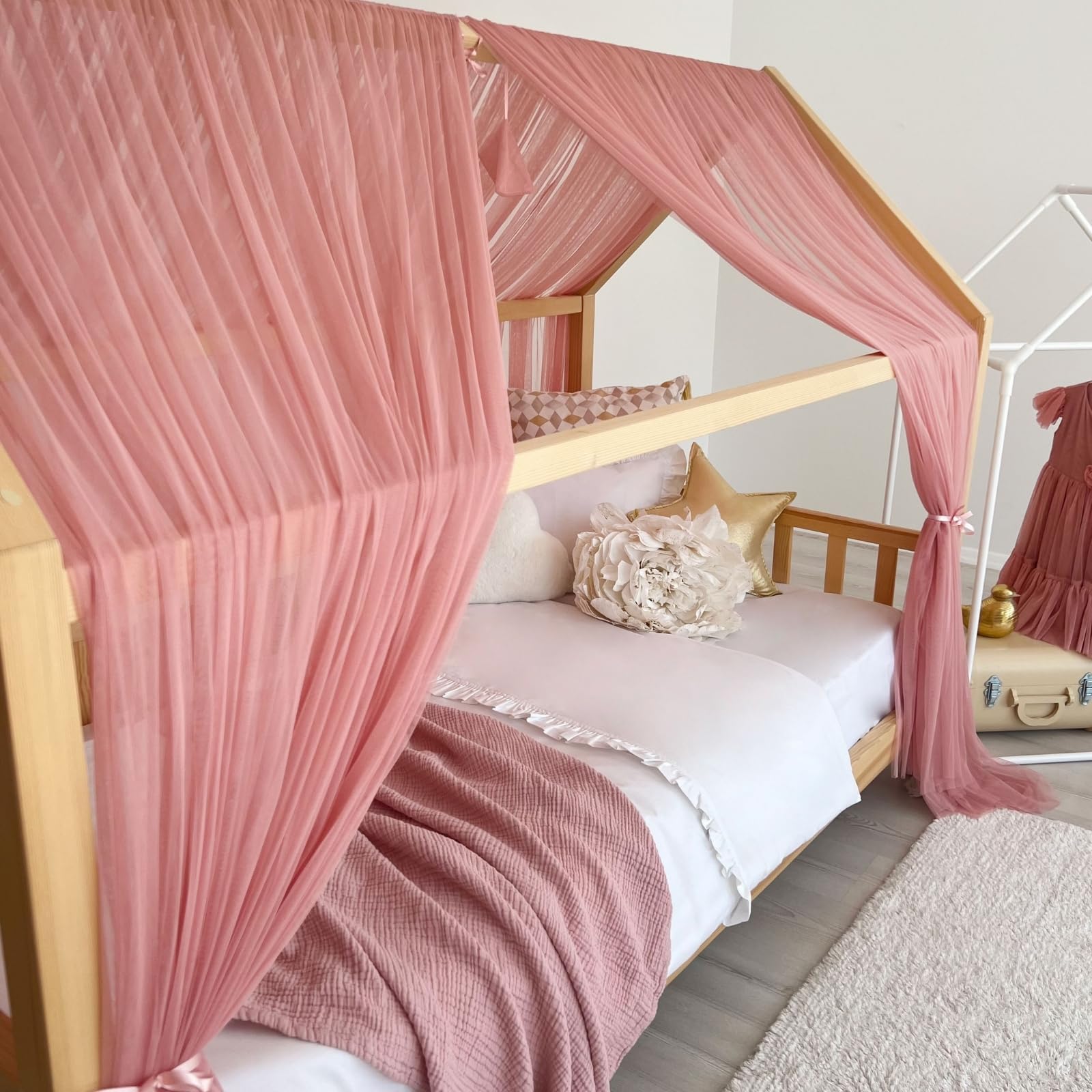Tenda a baldacchino per letto della cameretta dei bambini, decorazione per letto montessori, tenda da gioco in morbido tulle per bambini (blu, 340 cm, set da 4)