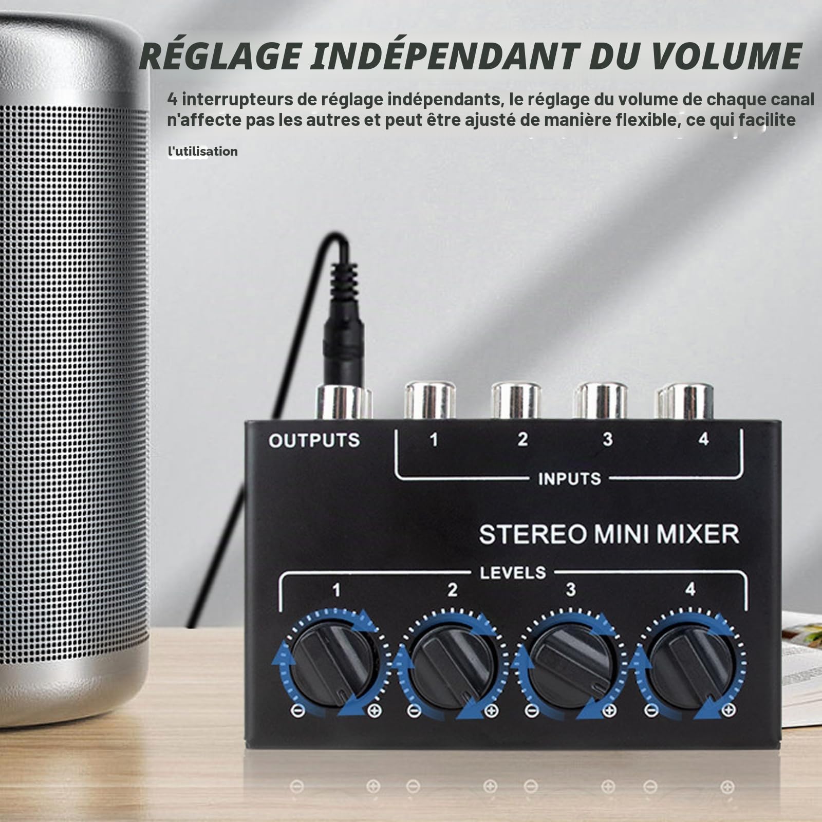 Mélangeur Audio Stéréo, Mini Mélangeur Stéréo, Mini Mélangeur Passif 4 Canaux 1, Mélangeur Passif Stéréo pour Lecteur DVD stéréo Haut-Parleur CD