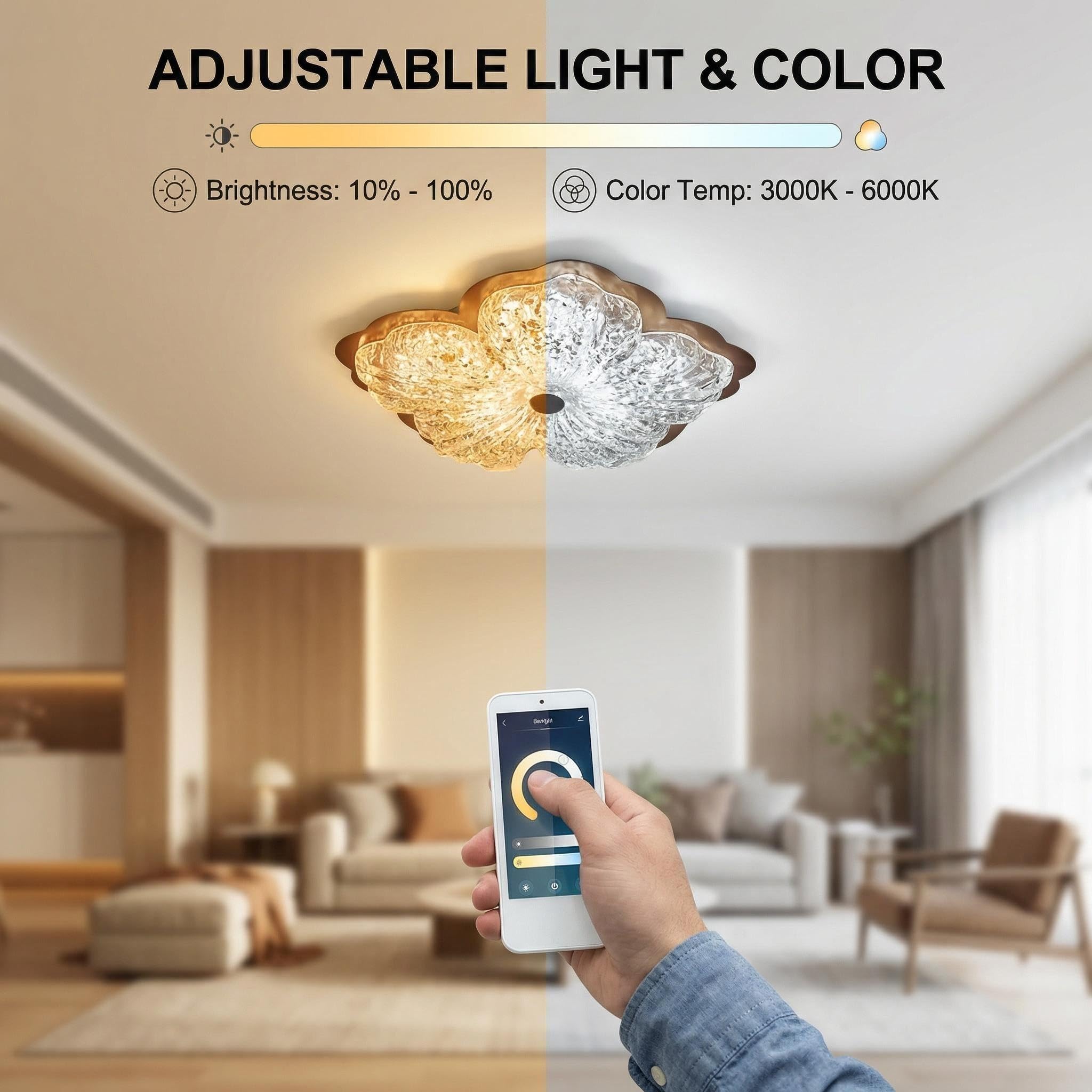 Lámpara de techo LED de resina dorada, 72 W, regulable con mando a distancia, luz de techo para salón y dormitorio (40 cm)