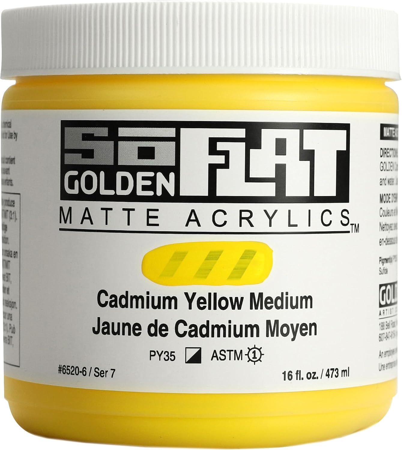 GOLDEN SoFlat Matte Acrylics, Cadmium Yellow Medium, 16 fl. oz. Jar, Professional Acrylic Paint, Semi-Opaque