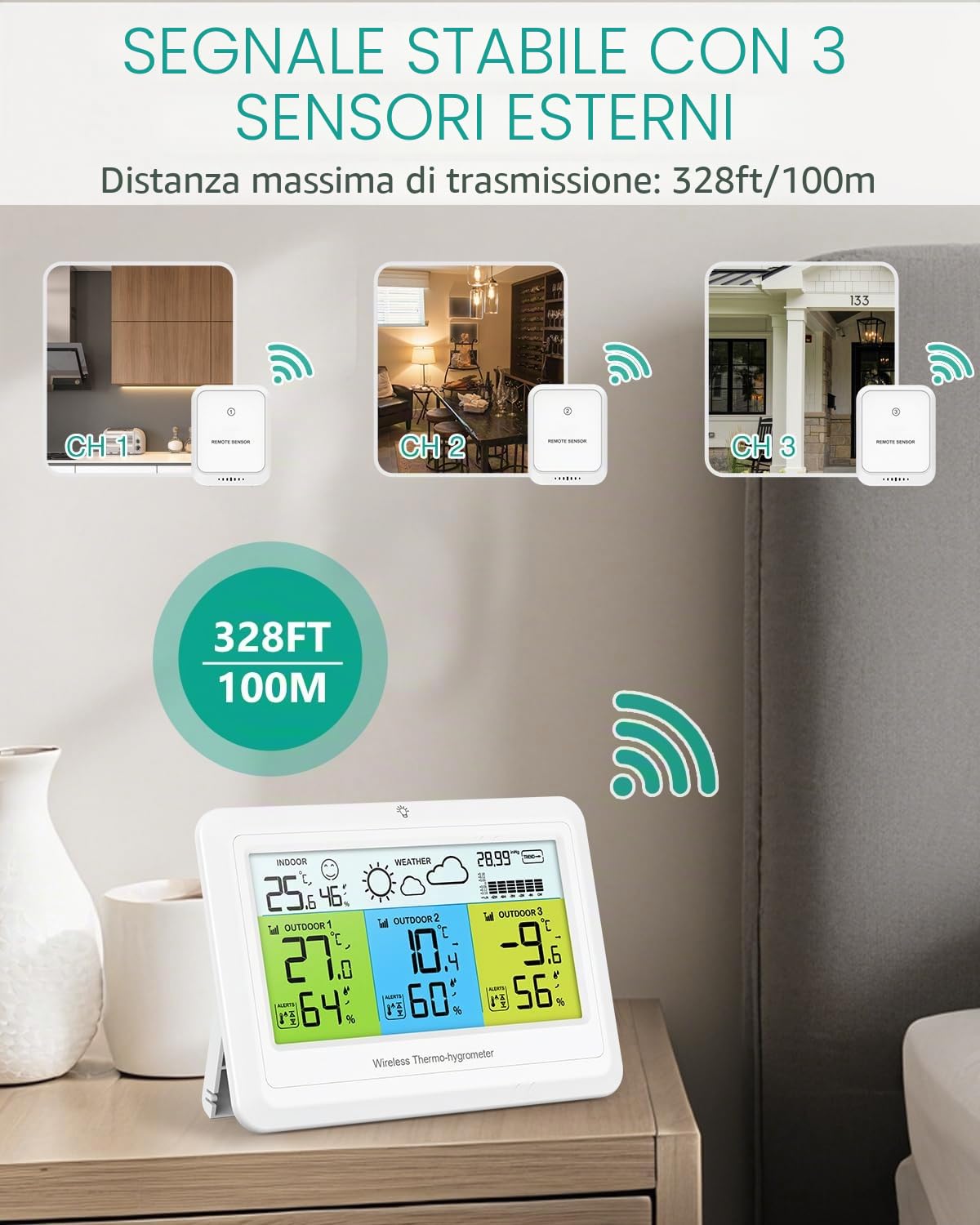 ORIA Termometro Igrometro Digitale 3 Sensori | Stazione Meteorologica, Temperatura/Umidità, Previsioni del Tempo, Pressione Barometrica, MAX/MIN