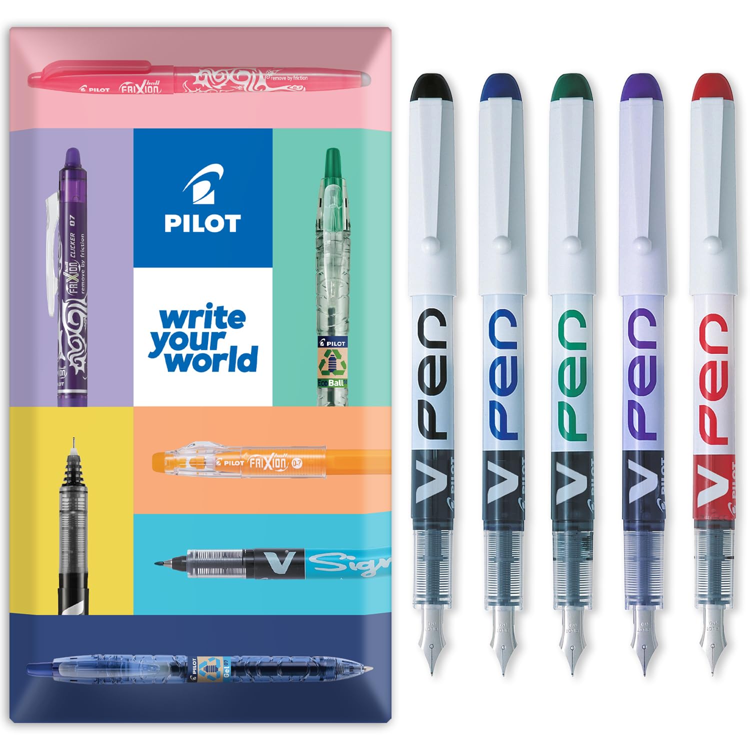 PILOT V PEN – Penna stilografica usa e getta cancellabile – Punta da 0,6 mm – Linea media – Confezione regalo in busta – Confezione da 5 – Nero, Blu, Rosso, Verde e Viola