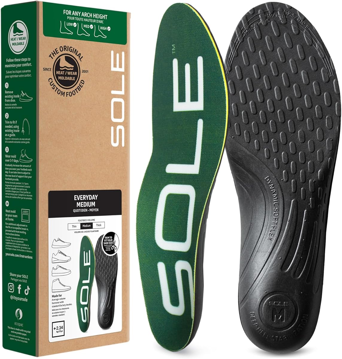 SOLE Everday Insoles - Custom Moldable Orthotic Support for Any Arch Type, Plantar Fasciitis Relief - Extra Small, 1 Pair