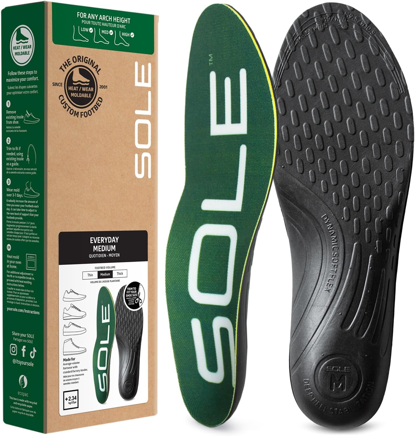 SOLE Everday Insoles - Custom Moldable Orthotic Support for Any Arch Type, Plantar Fasciitis Relief - Medium, 1 Pair