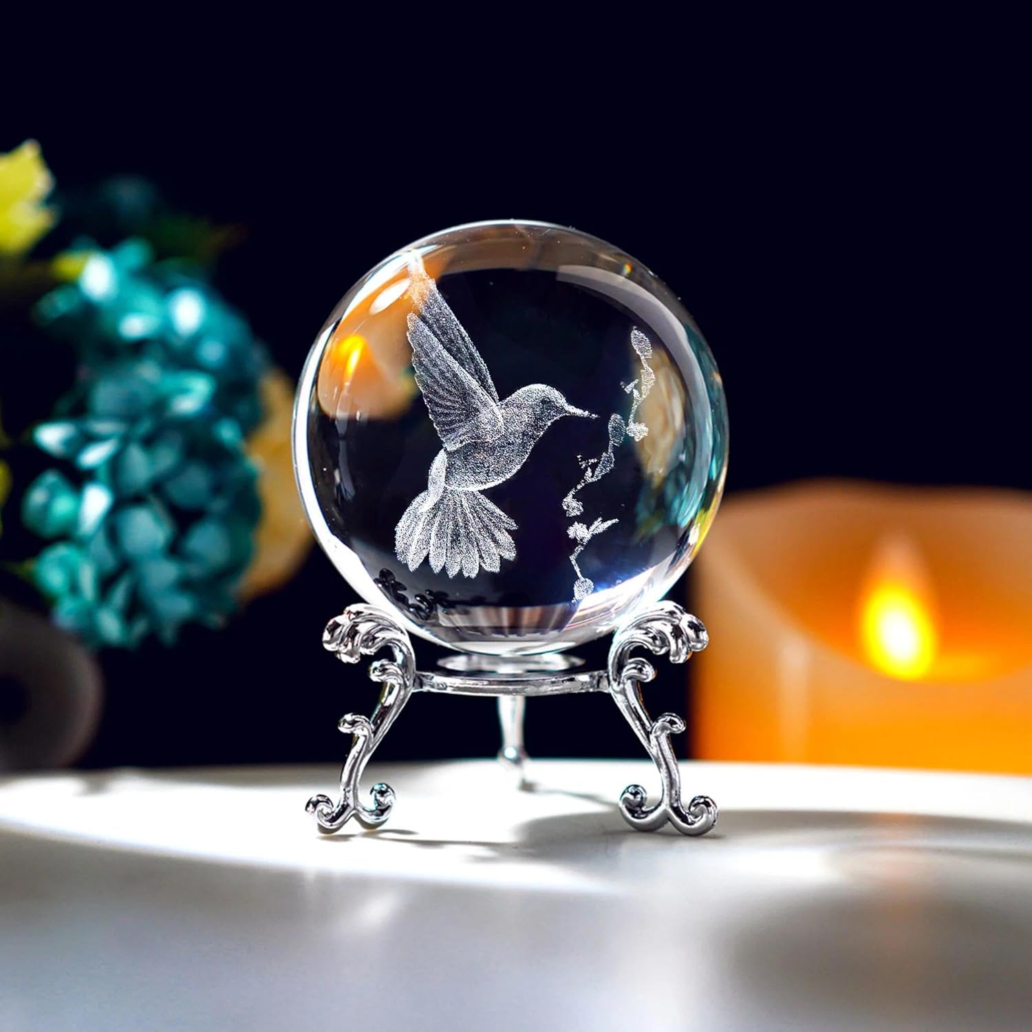 HDCRYSTALGIFTS 3D Hummingbird Crystal Ball 60mm - Laser Engraved Hummingbird Figurine Glass Animal Decorative Ball Decor for Home Room Office, Bird Gifts for Women Men - Image 4