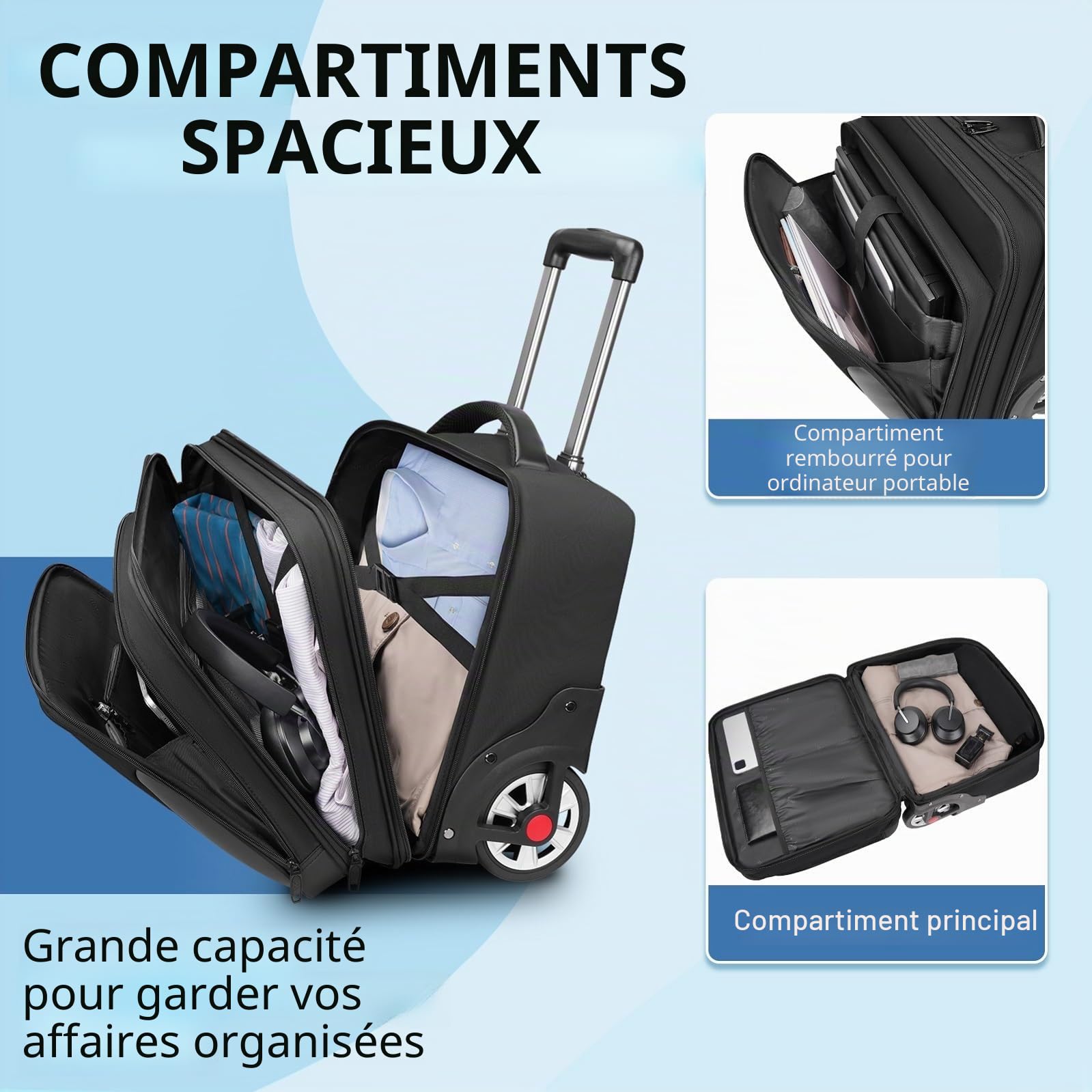 MATEIN Sacoche à Roulettes pour Ordinateur Portable 17,3 Pouces, Trolley Ordinateur Professionnel avec Grand Roues, Sac Roulettes 3 Cubes Rangement Étanche pour Homme Enseignants Voyage Affaires, Noir