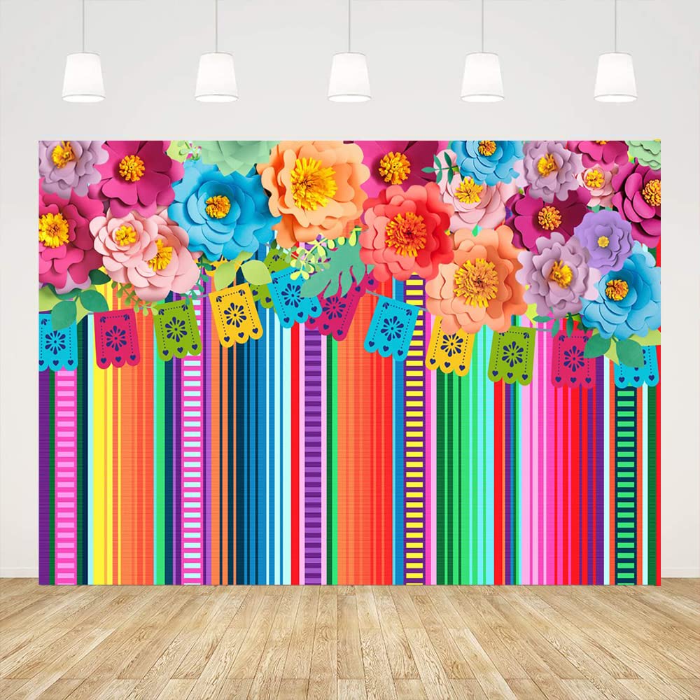Ticuenicoa 6x4ft Mexican Fiesta Backdrop Photobooth Flowers Fiesta Background Drop Cinco De Mayo Backdrop for Pictures Floral Stripes Flags Birthday Party Mexican Party Decorations Photo Booth Props