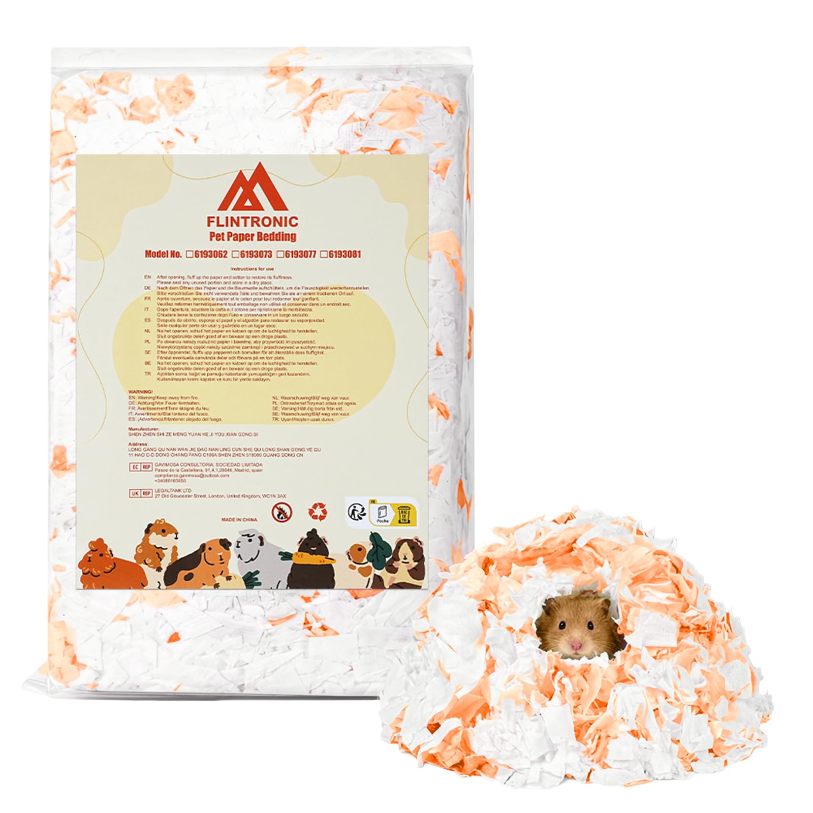 flintronic 99% Dust-Free Paper Small Pet Bedding with Odor Control, 15L, Hamster Bedding, Small Animal Beddings, Paper Beddings for Rat, Syrian Dwarf, Rabbit, Hamster Hedgehog