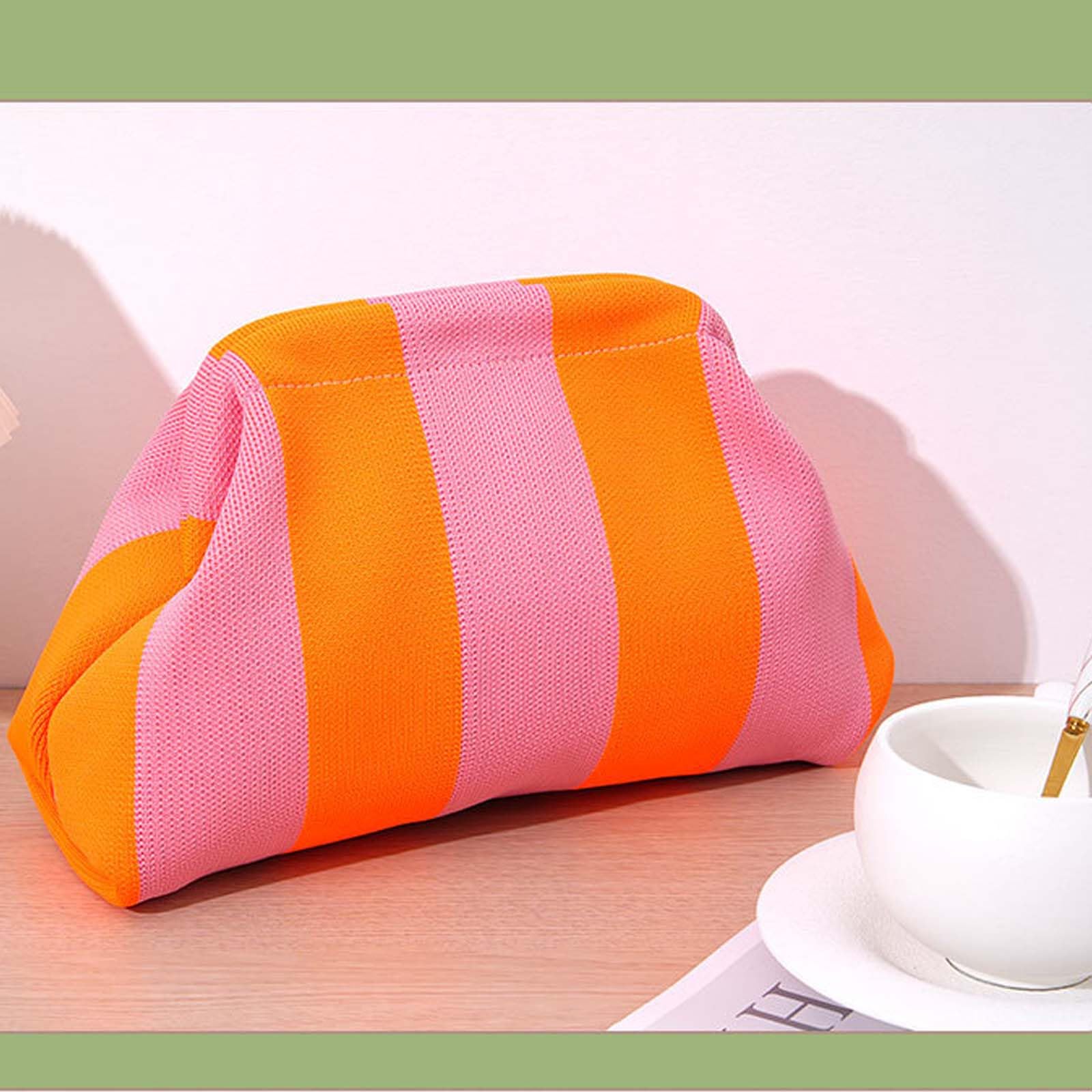 Sommer Strand Clutch Damen - Gestrickt Gestreift Knödel Clutch | Orange Pink Handtasche für Strand, Shopping & Reisen
