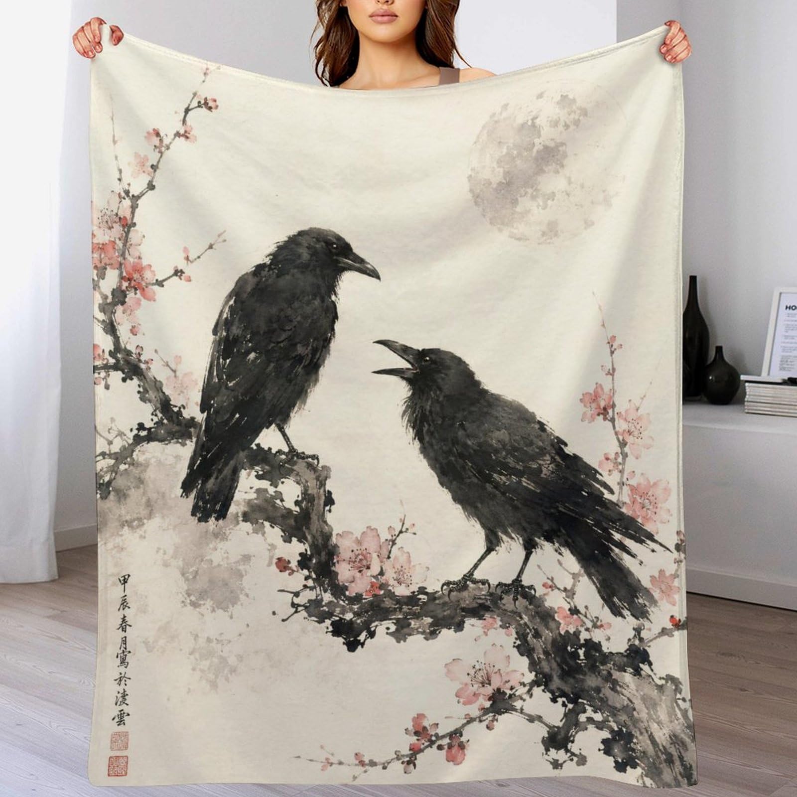 Pareja de cuervos con luna Manta Manta TV Calida Polar Sofa Dormitorio | manta sofa suave con Lavado de tinta y Grabado en madera japonés, para sofa, cama, 175x200cm(70x80in)