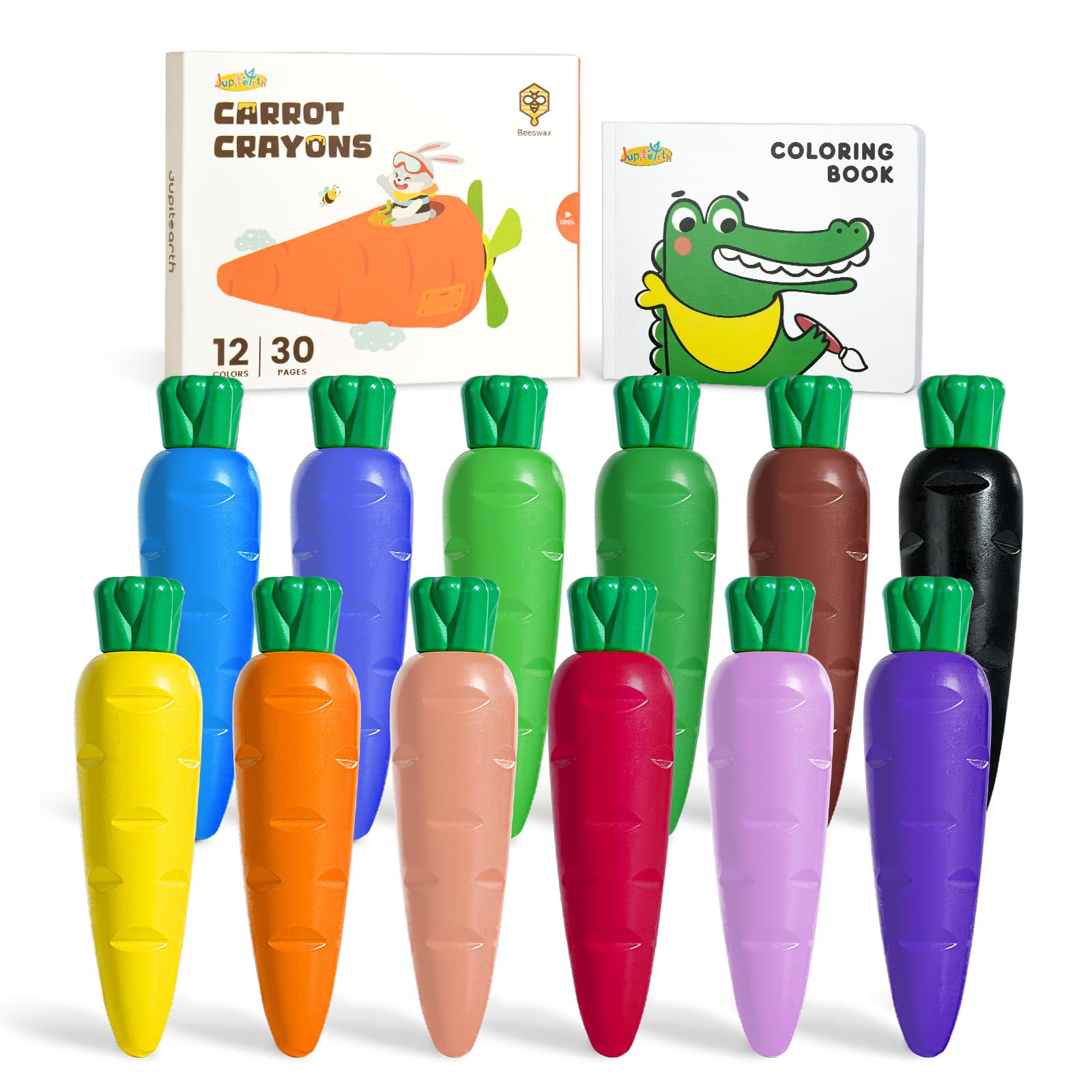 JUPITEARTH 12 Colors Crayons for Toddlers 1-3, Non Toxic Beeswax Carrot-Shaped Toddler Crayons with 30-Page Coloring Book and 120 PDF Pages, Mess-Free Coloring for Kids Ages 2-4 4-8 Art Supplies Gift