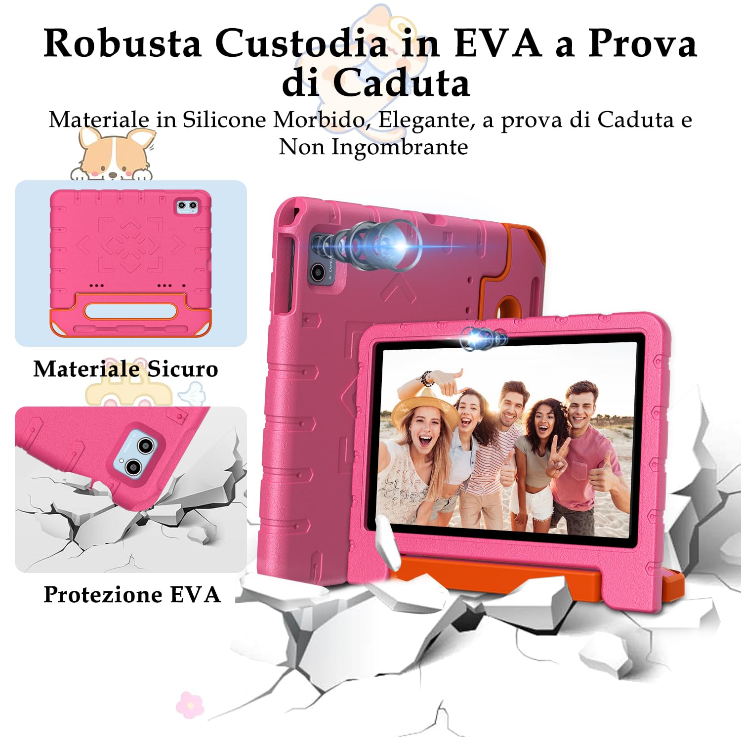ZIOVO Tablet Bambini Android 14 Tablet 10 Pollici, 20GB RAM+128GB ROM(TF 1TB),WiFi 6 Tablets, Widevine L1/Octa-Core/BT 5.0/8+5 MP/6000mAh/Tablet per Bambini,Tablets con EVA Caso - Rosa