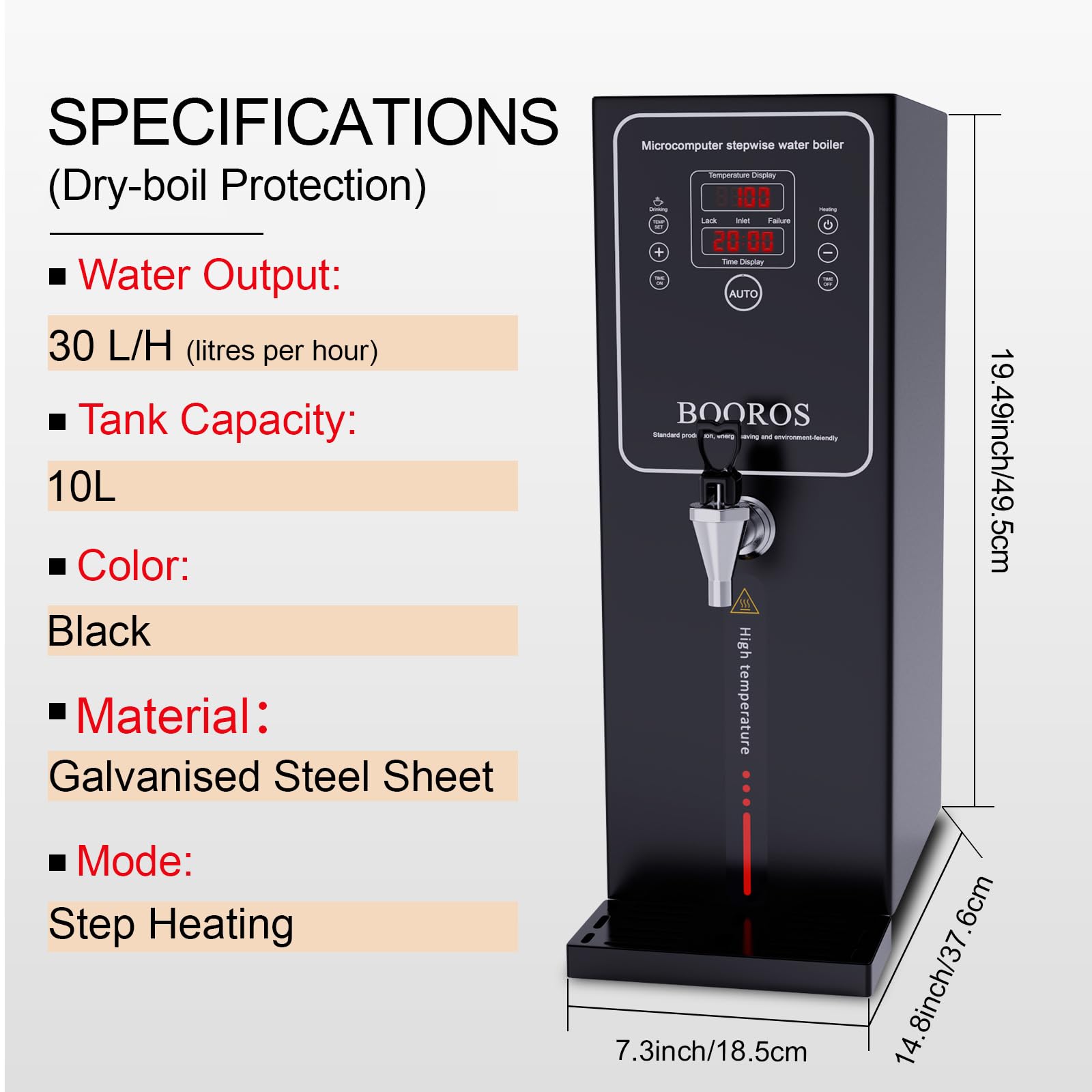 BOOROS Dispensador de agua caliente, negro, caldera de agua comercial de 10 litros de 2500 W, calefacción paso a paso de 30 l/hora, control de temperatura de 40 a 100 °C para restaurante, hotel