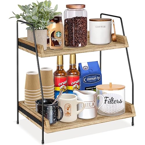 Yusepure Coffee Bar Accessories and Organizer Countertop, Coffee Station Organizer Kitchen Counter Shelf Organizer,Coffee Condiment Storage,Cup Lid Holder Countertop Shelf for Bathroom (Brown)