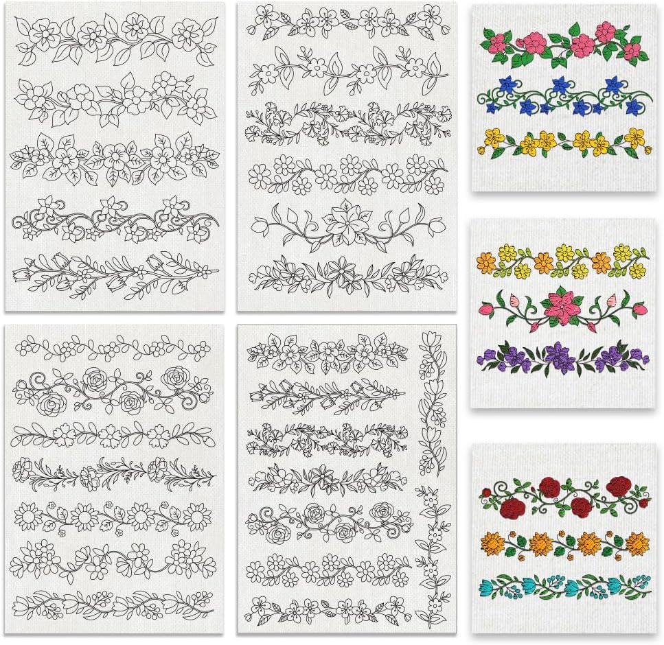 BENECREAT 4 Style 27Pcs Flower Border Water Soluble Hand Sewing Stabilizers, Long Rattan Flowers Tear Away Water Soluble Embroidery Patterns for Carves, Shirts, Coats, Bags, Towels