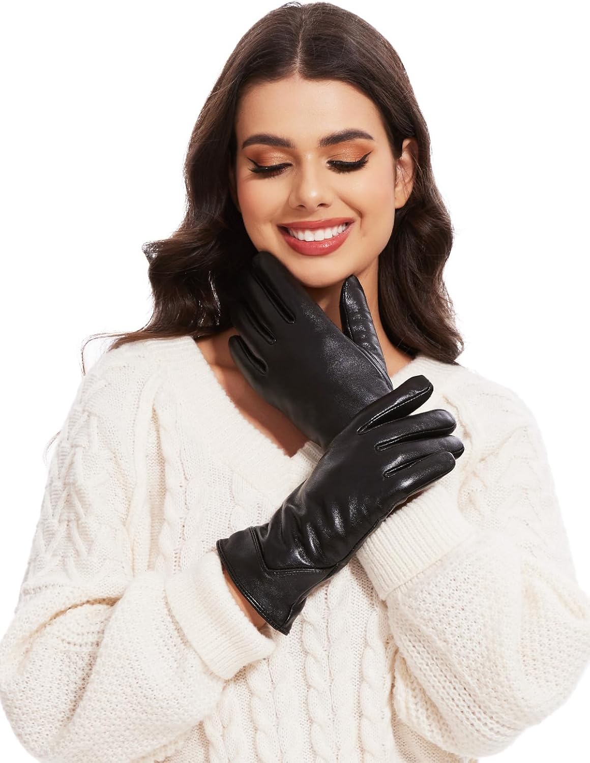 Orrpally Women Leather Gloves Winter Leather Warm Glove Touch Screen Texting Driving Gloves - Image 4