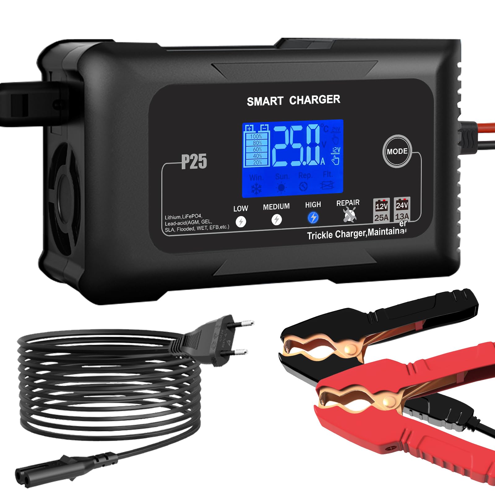 Haisito Ładowarka do akumulatora samochodowego 25 A, 12 V, 24 V, 25 A, ładowarka podtrzymująca i urządzenie odsiarczające, odpowiednia do litu, LiFePO4, kwasu ołowiowego (AGM, żelu, EFB, MFitd