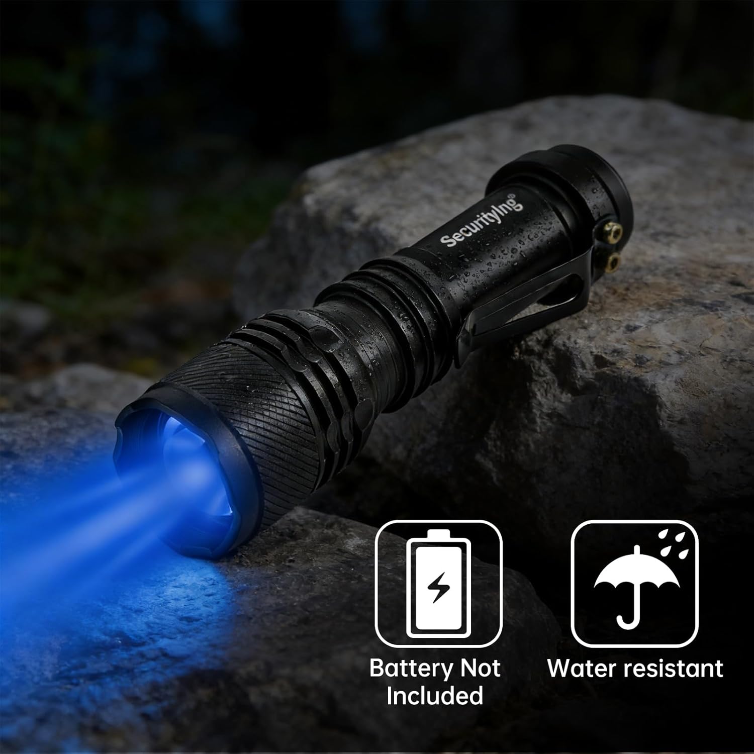 SecurityIng Mini Blue Light Flashlight, Scalable & Zoomable Focus ，800 lumens Blue LED Light for Night Fishing and Blood Tracking, AA Battery Powered (Battery Not Included)