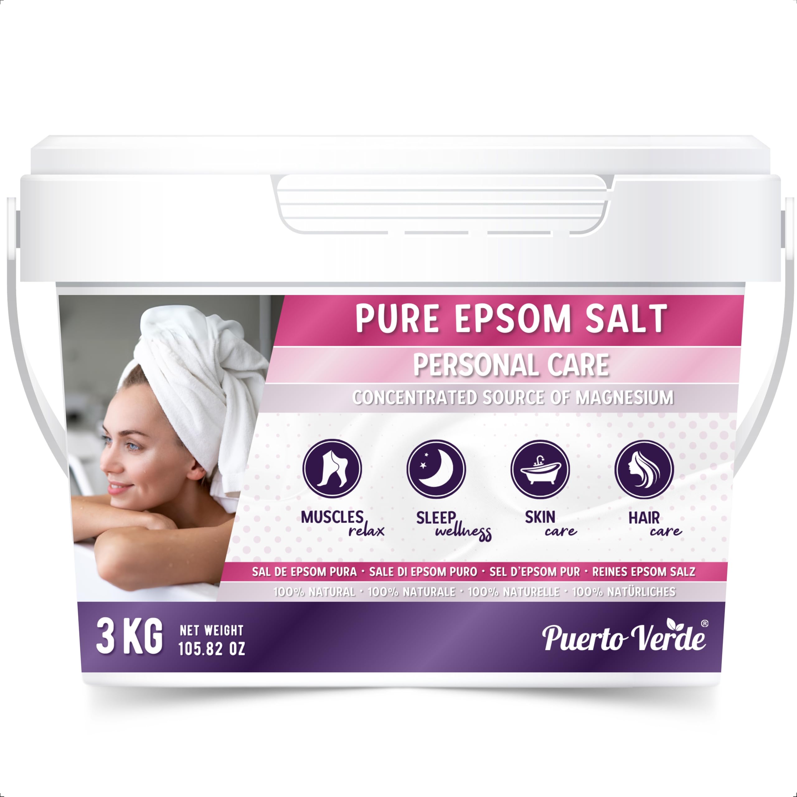 Puerto Verde • Epsom Salz 3 Kg. Konzentrierte Magnesium Quelle. Bittersalz aus 100% Natürlichem Ursprung. Badesalz für Muskelkater, Stressabbau & Guten Schlaf. Europäische Produktion.