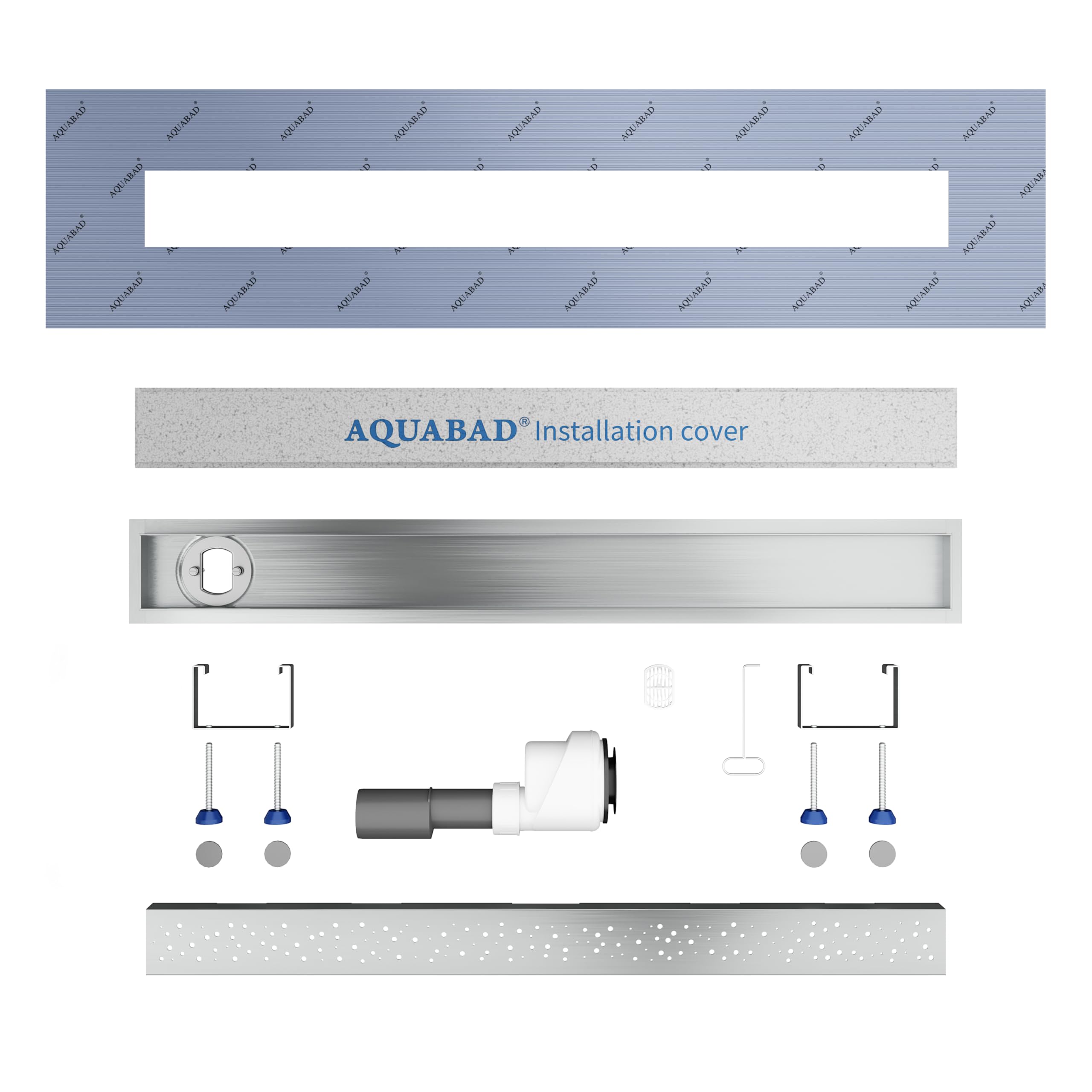 Aquabad SDS Pro odpływ liniowy ze stali nierdzewnej z syfonem | Rozmiar: 90 cm | Odprowadzenie wody: pionowo w dół | Umiejscowienie syfonu: na boku odpływu | Wzór: kółka | Made in Germany