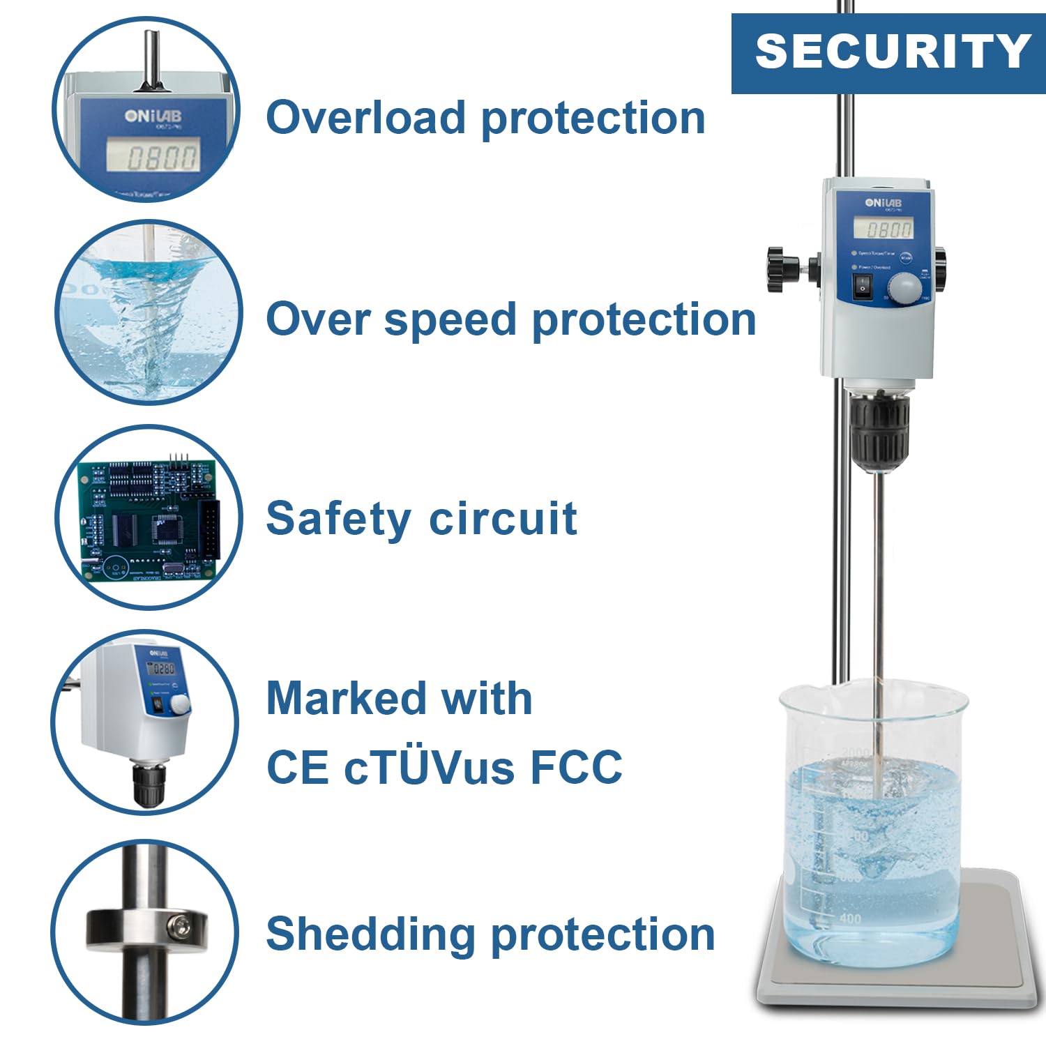 ONiLAB Electric Overhead Stirrer, LCD Digital Overhead Stirrer Mixer with Stirring Rod and Stand，Powerful 70L ，100000 mPas ， 50~1100RPM （Stand Included), Dark Blue