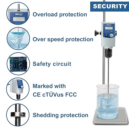 Miniatura 6 de ONiLAB Agitador eléctrico elevador, mezclador digital LCD con varilla de agitación y soporte, potente 70L, 100000 mPas, 50 1100 RPM (soporte