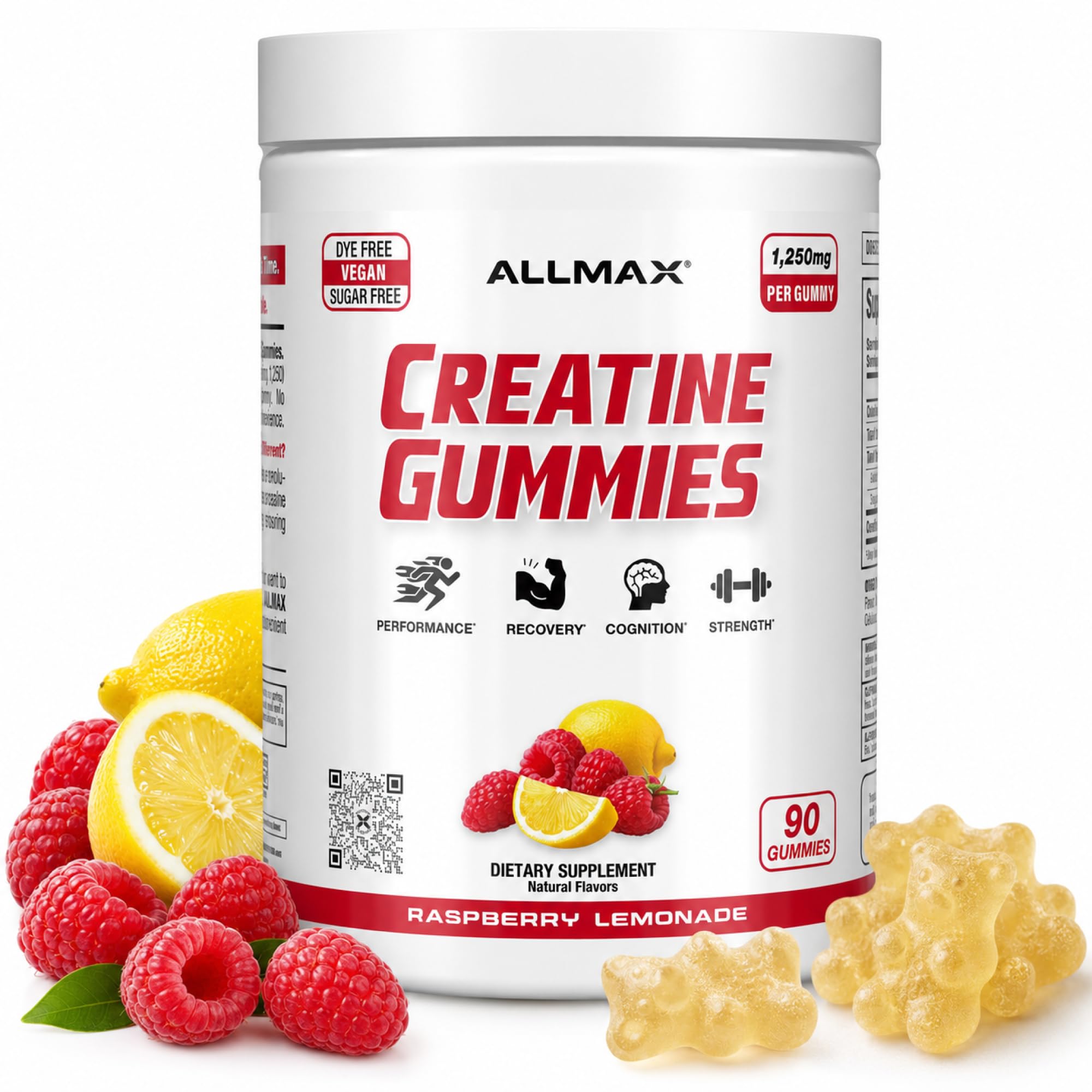 ALLMAX Creatine Gummies, Raspberry Lemonade, 90 Count, 1250 mg Raspberry Lemonade 90 Count (Pack of 1)