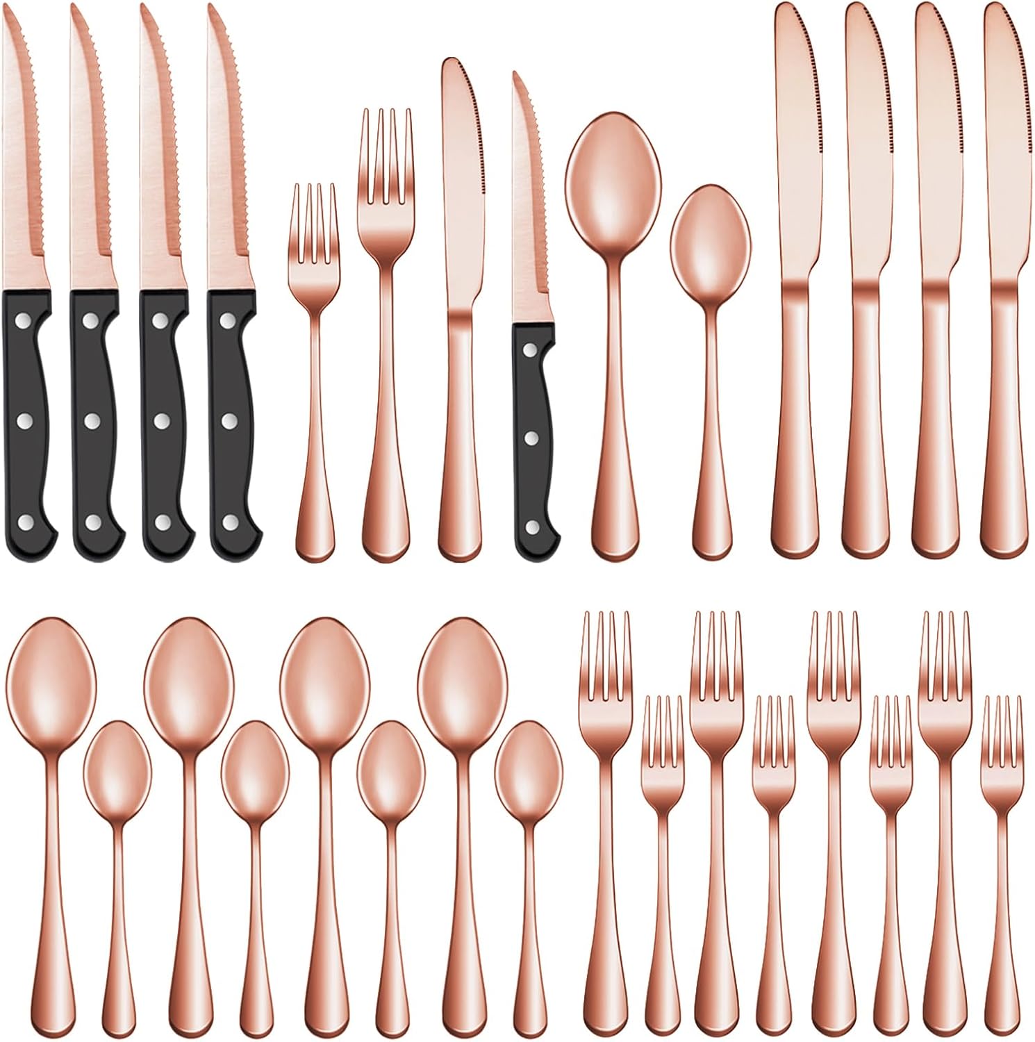 36-Piece Rose Gold Silverware Set for 6 with Steak Knives – Stainless Steel Flatware, Dishwasher Safe