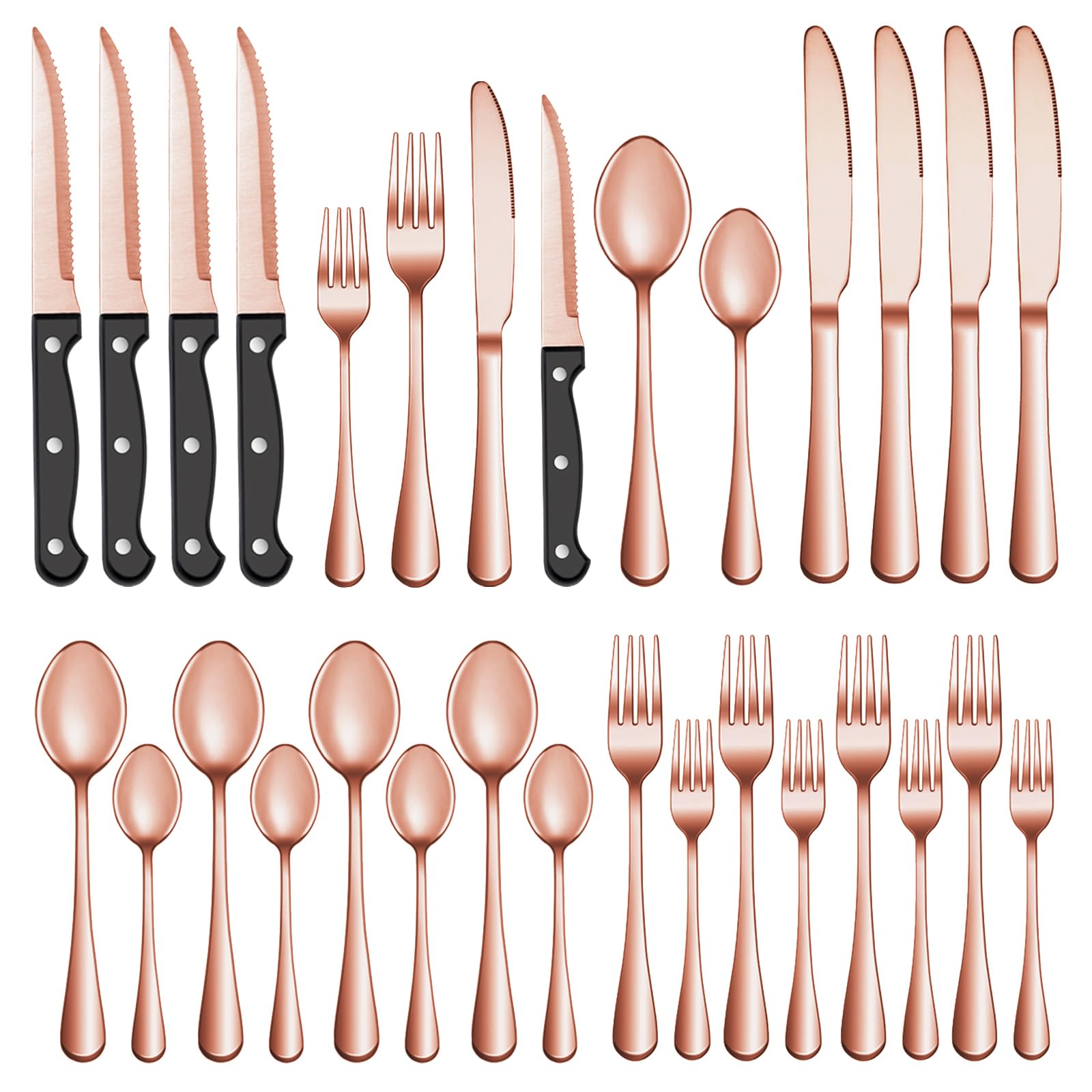 24 Pcs Rose Gold Silverware Set with Steak Knives Service for 4,Stainless Steel Flatware Set,Mirror Polished Cutlery Utensil Set, Kitchen Eating Tableware,Include Fork Knife Spoon Set,Dishwasher Safe