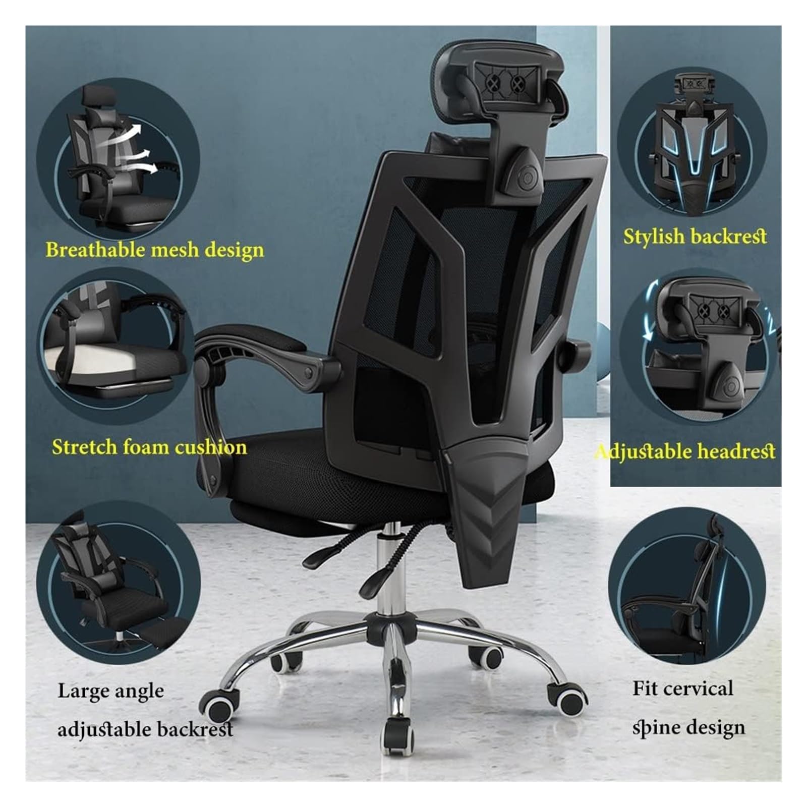 Krzesło biurowe z podnóżkiem, ergonomiczne krzesło biurowe z siatki, podparcie lędźwiowe, krzesło komputerowe z regulowanym zagłówkiem, obrotowy fotel roboczy, regulowany fotel