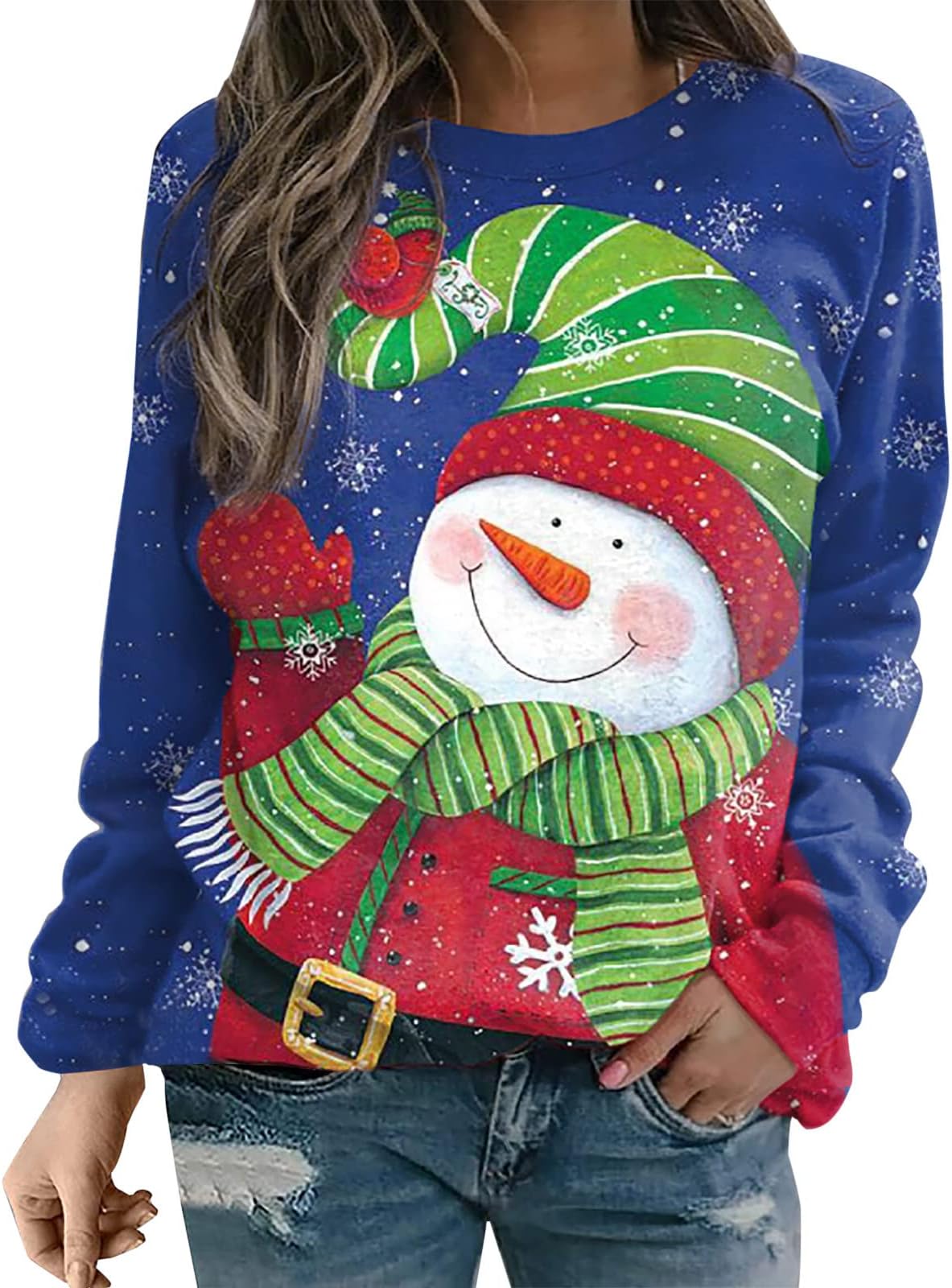 2022 Women's Christmas Sweatshirts Tops Cute Printed Christmas Long Sleeve Shirts Trendy Dressy Casual Pullover Comfy Blouses