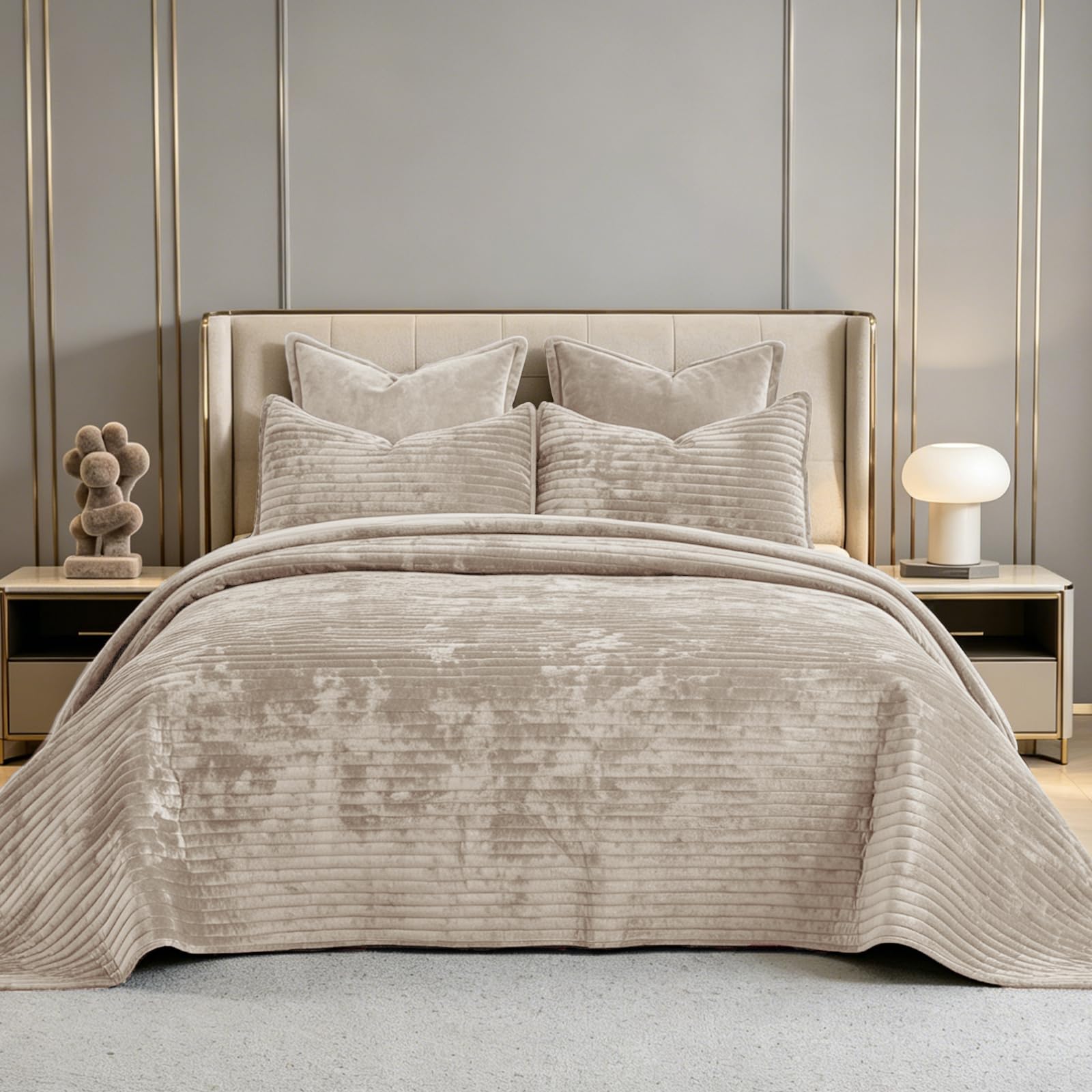 COCOPLOCEUS beige striped velvet oversized king bedspread