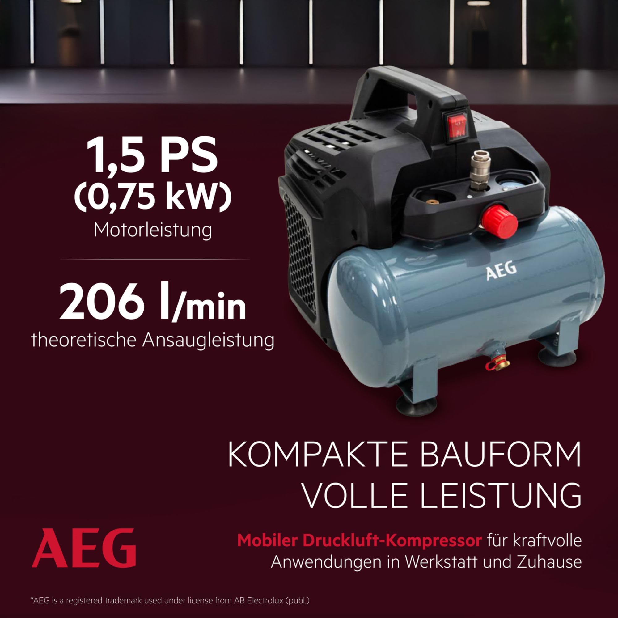AEG KL6 Compresor de aire comprimido silencioso y potente para taller, hogar, ocio, versátil, libre de mantenimiento, libre de aceite, 56 dB, potencia del motor 1,5 CV, tanque 6 L, 8 bar, 206 l/min