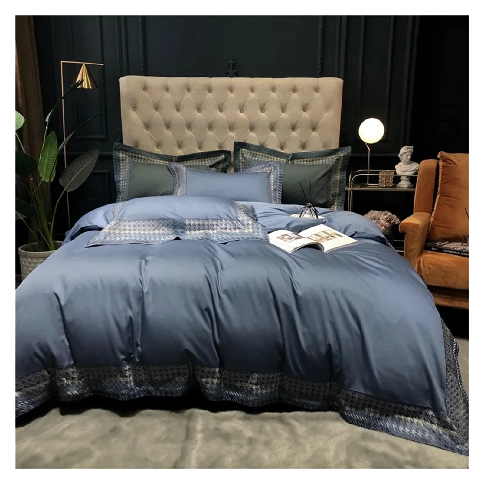 Sbcgfy Blu Luxury Embroidery Edge Bedlinen Bedding Set King Queen Size 600Tc Cotton Duvet Cover Bed Sheet Set Pillowcases Comfortable Bedding, Bedspreads,-King Size 4Pcs
