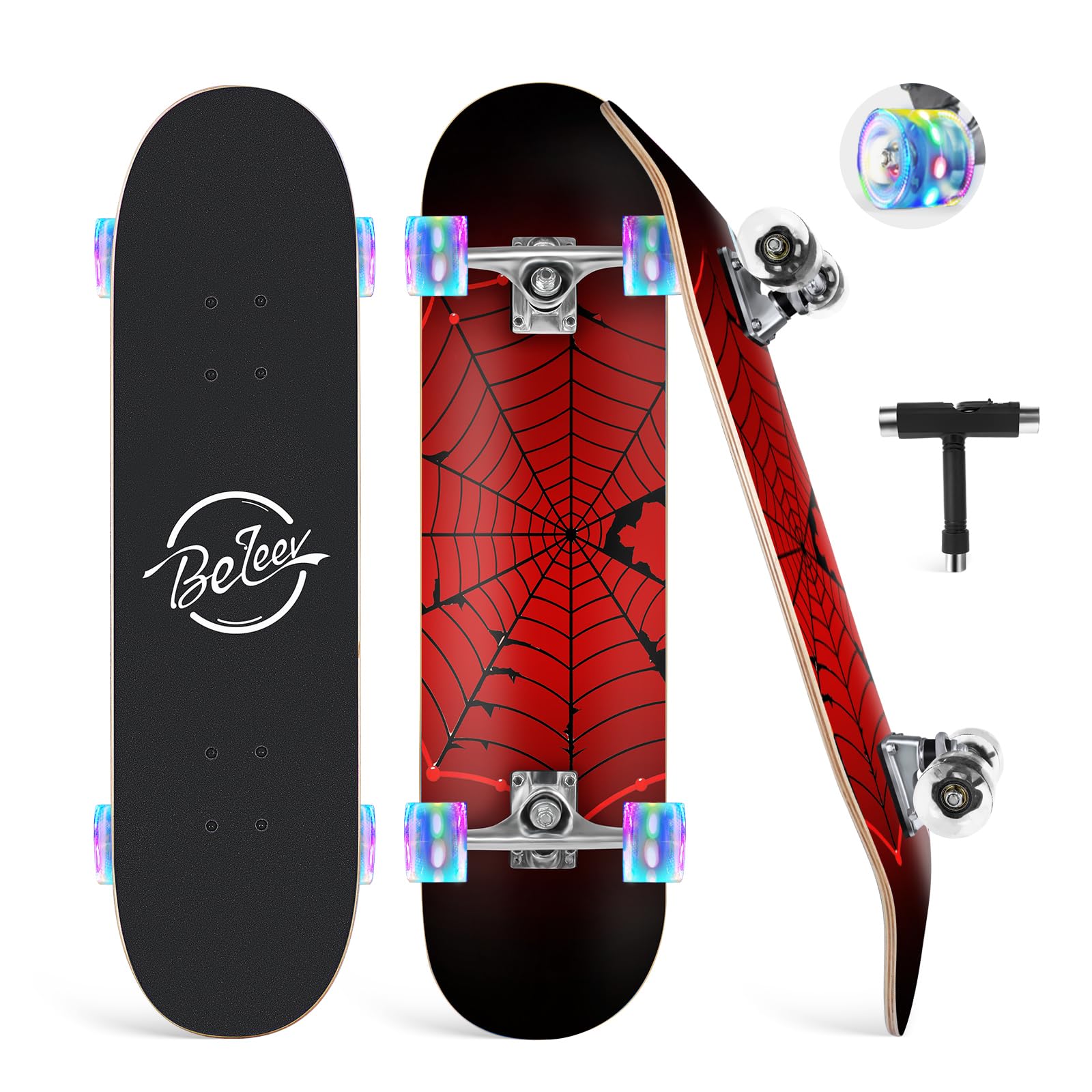 BELEEV Skateboards, 31 x 8 inch Complete Skateboard for Beginners, 7 Layer Canadian Maple Double Kick Deck Concave Cruiser Trick Skateboard for Kids and Adults with Skate T-Tool(Black Red)