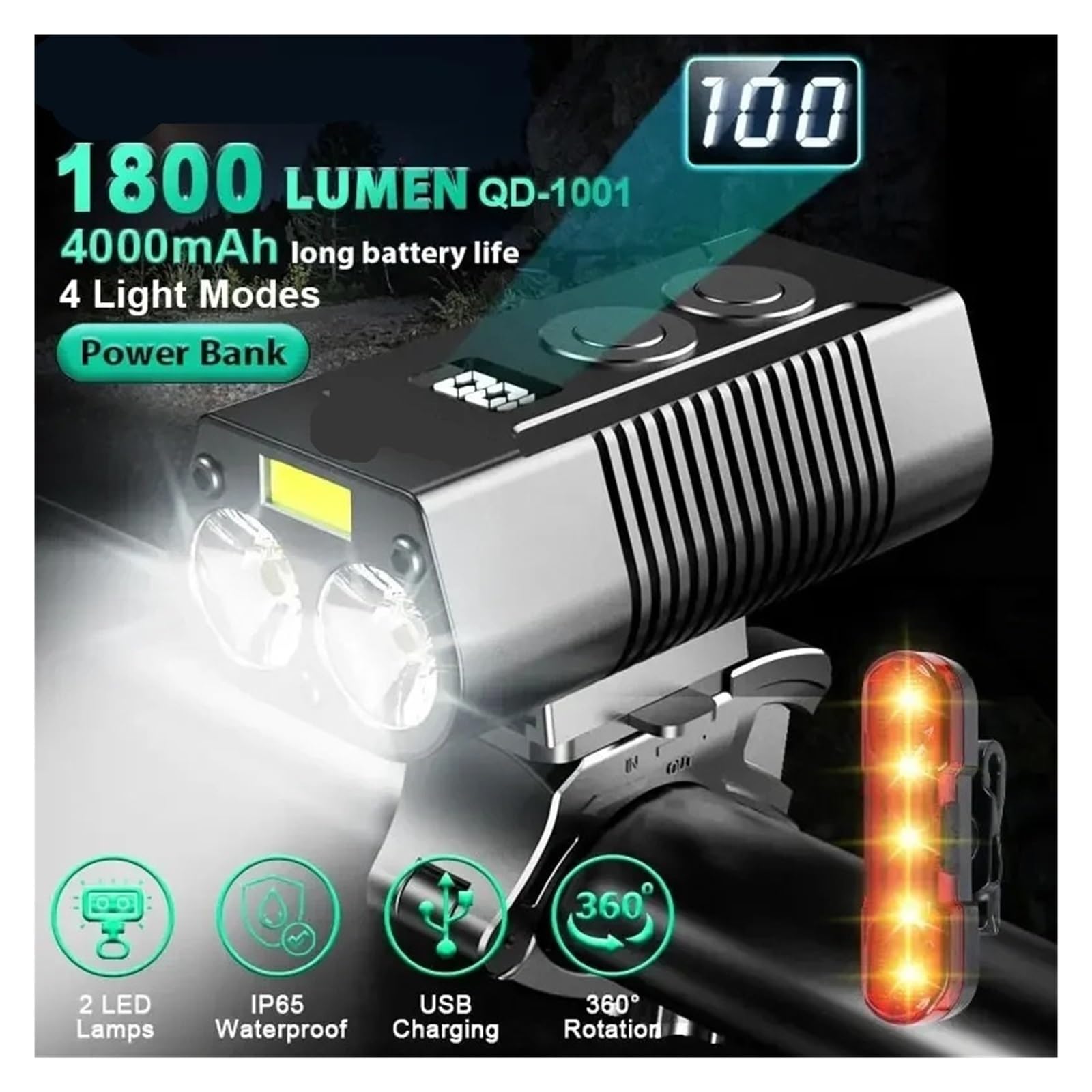 1 luz Delantera de Bicicleta de Aluminio de 4000 mAh.