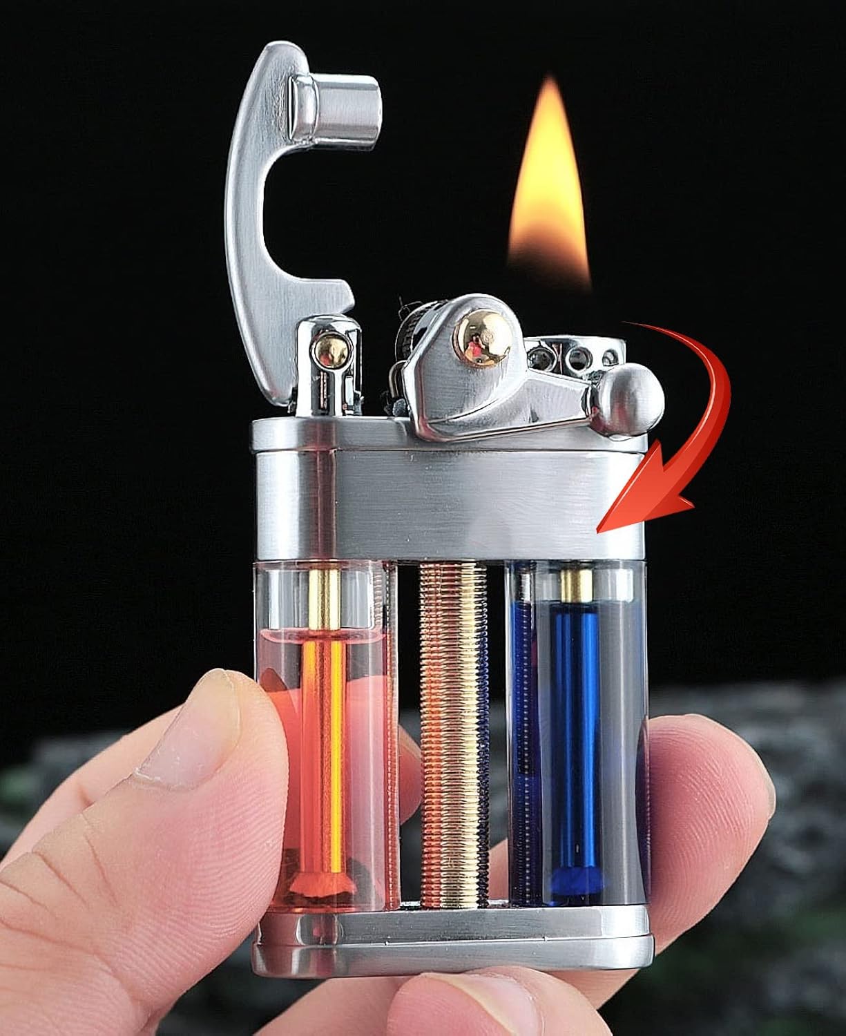 Vintage Antique Lighter Cool Pipe Lighter Creative Transparent Lighter Refillable Fluid Windproof Lighter for Men (Black)