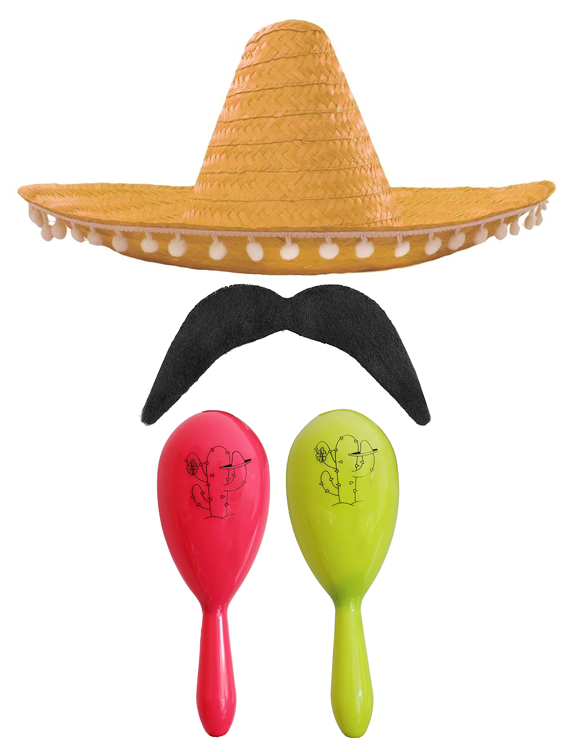 Adults Mexican Accessory Set - Natural Mexican Sombrero, Pink & Yellow Maracas, Moustache - Mexican Cinco de Mayo Sensorita Bandit Mariachi Fancy Dress Costume Accessory Set