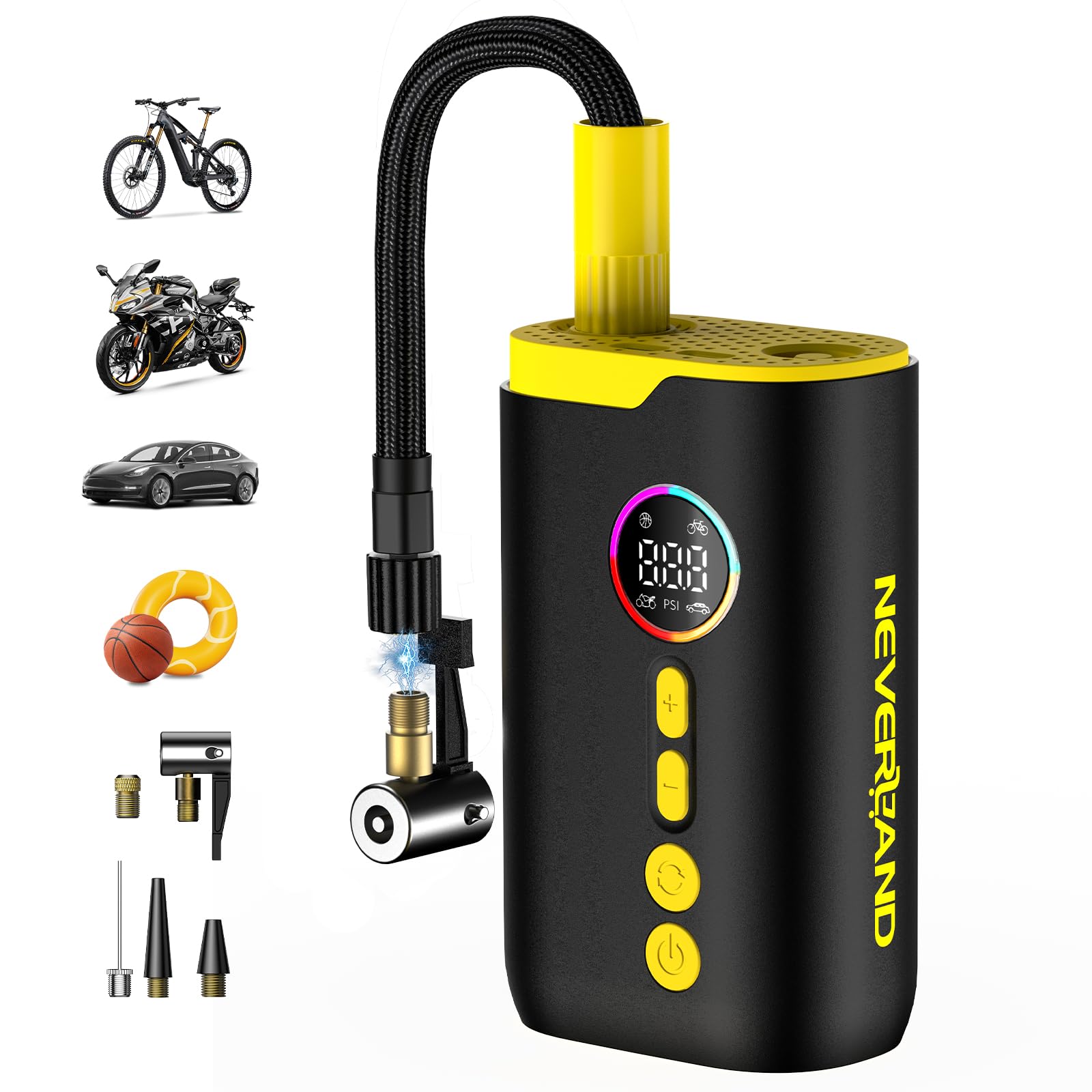 NEVERLAND Elektrische Luftpumpe Akku Kompressor, 150 PSI, tragbare Fahrradpumpe mit Auto-Stopp, Manometer, LED-Licht & Powerbank, für Auto, Motorrad, Fahrrad und Bälle