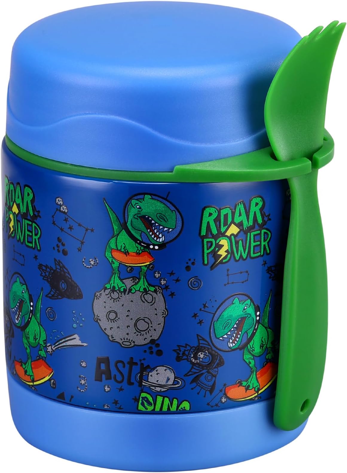 10oz Soup Thermo for Hot Food Kids Insulated Food Jar,Thermo Hot Food Lunch Container, Width Mouth Stainless Steel Lunch Box for Kids with Spoon (Blue-dinosaur)