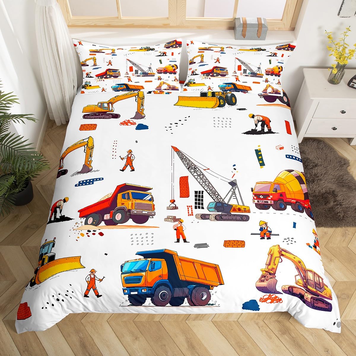 Manfei Construction Kids Duvet Cover Set Toddler Size, Excavator Crane Truck Bedding Set for Boys Girls Room Decor, Cartoon Car Comforter Cover, Soft Polyester Quilt Cover, 1 Pillowcase, No Comforter