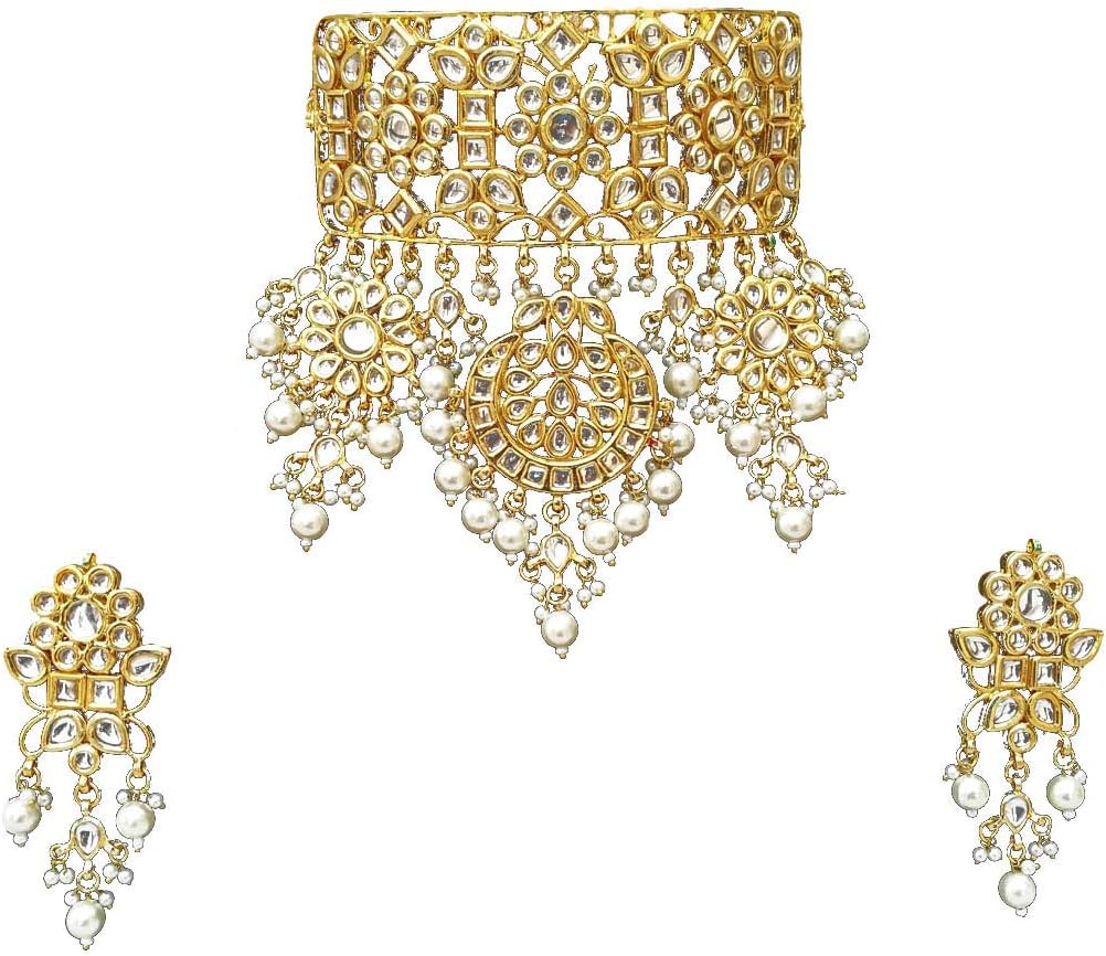 Finekraft Meena Kundan Bridal Wedding Designer Gold Plated Pearls Necklace Jewelry Set