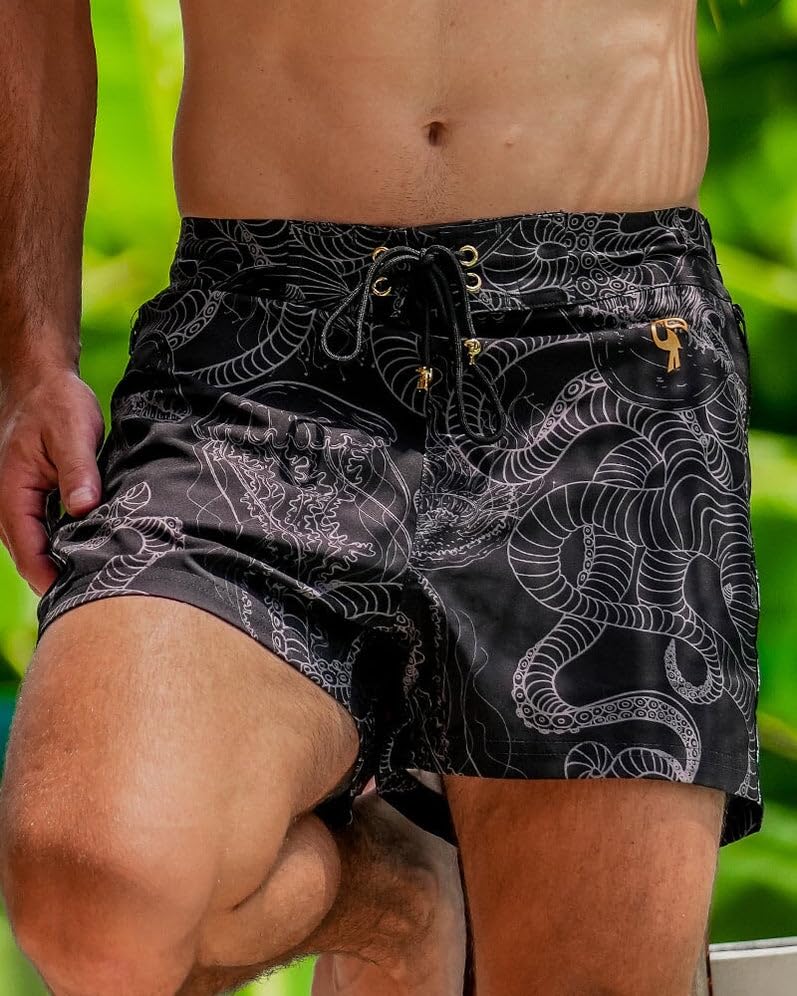 Jelly-Ink Swim Trunks (3" and 5") - 4 Way Stretch, Quick Dry, Chlorine Resistant, Built in Compression Liner (US, Alpha, Small, Regular, Regular, 5" Inseam, Black)4