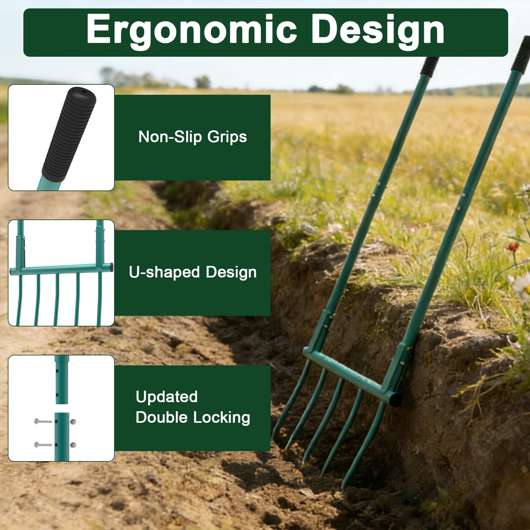 Utensile da giardino a forcella larga, 5 denti, resistente, a forma di U | Forcone ergonomico staccabile da 140 cm per scavare, coltivare e allentare il terreno, giardinaggio e agricoltura