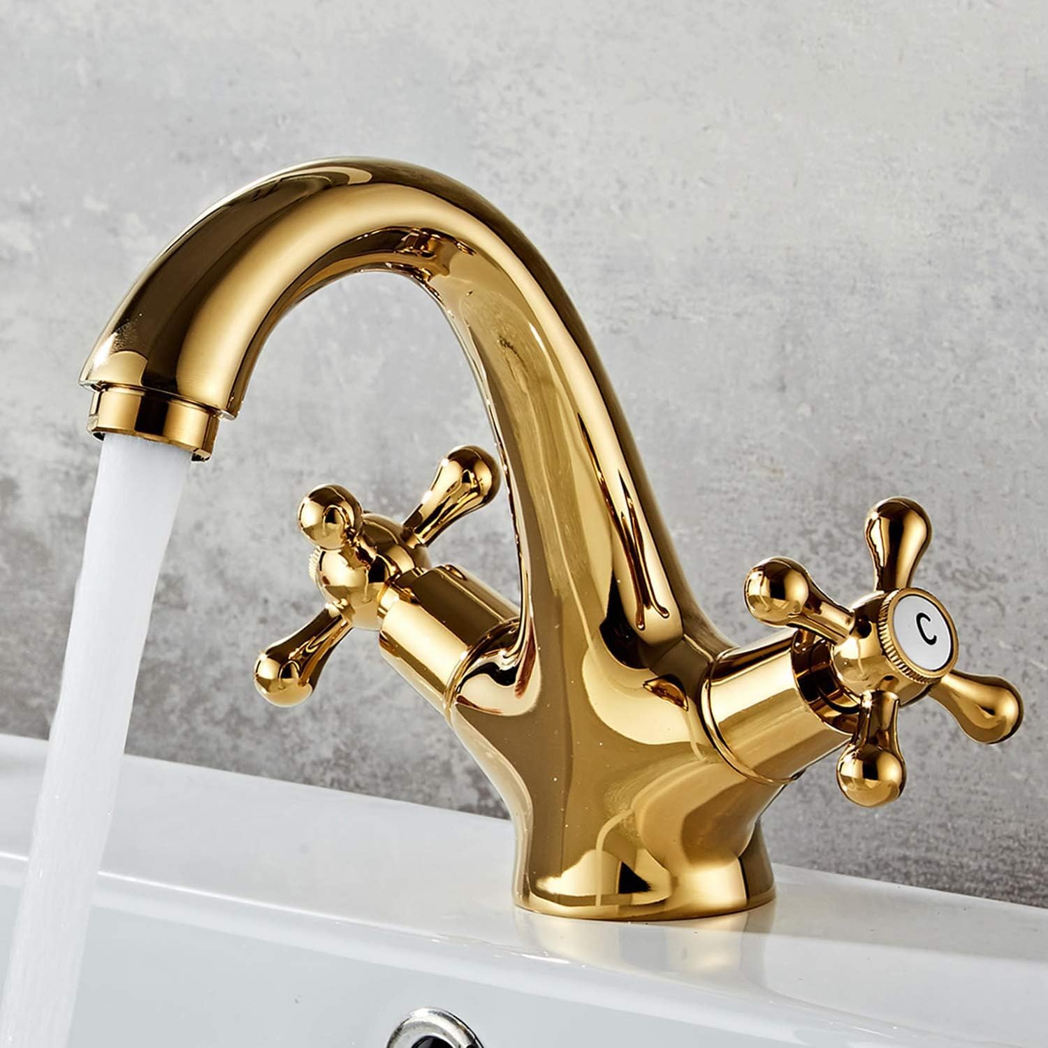 Grifo de baño con grifo de baño de oro para grifo vintage con doble asa, con agua caliente y fría ajustable de latón H59, acabado dorado, para baño