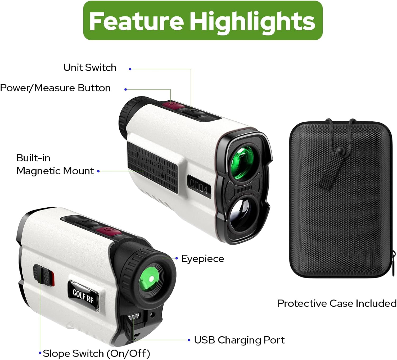 Golf Rangefinder with Slope, 1200 Yards Laser Range Finder with High-Precision Flag Pole Locking Vibration, 7X Magnification, Rechargeable Battery