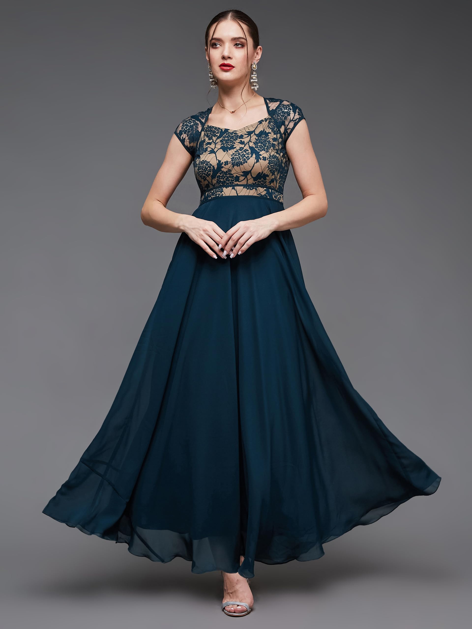 Miss Chase Women's Floral V - Neck Cap Short Sleeves Lace Overlaid Fit & Flare Paneled Maxi Dress (Mcss21D06-11-83-08, Teal, 3Xl)